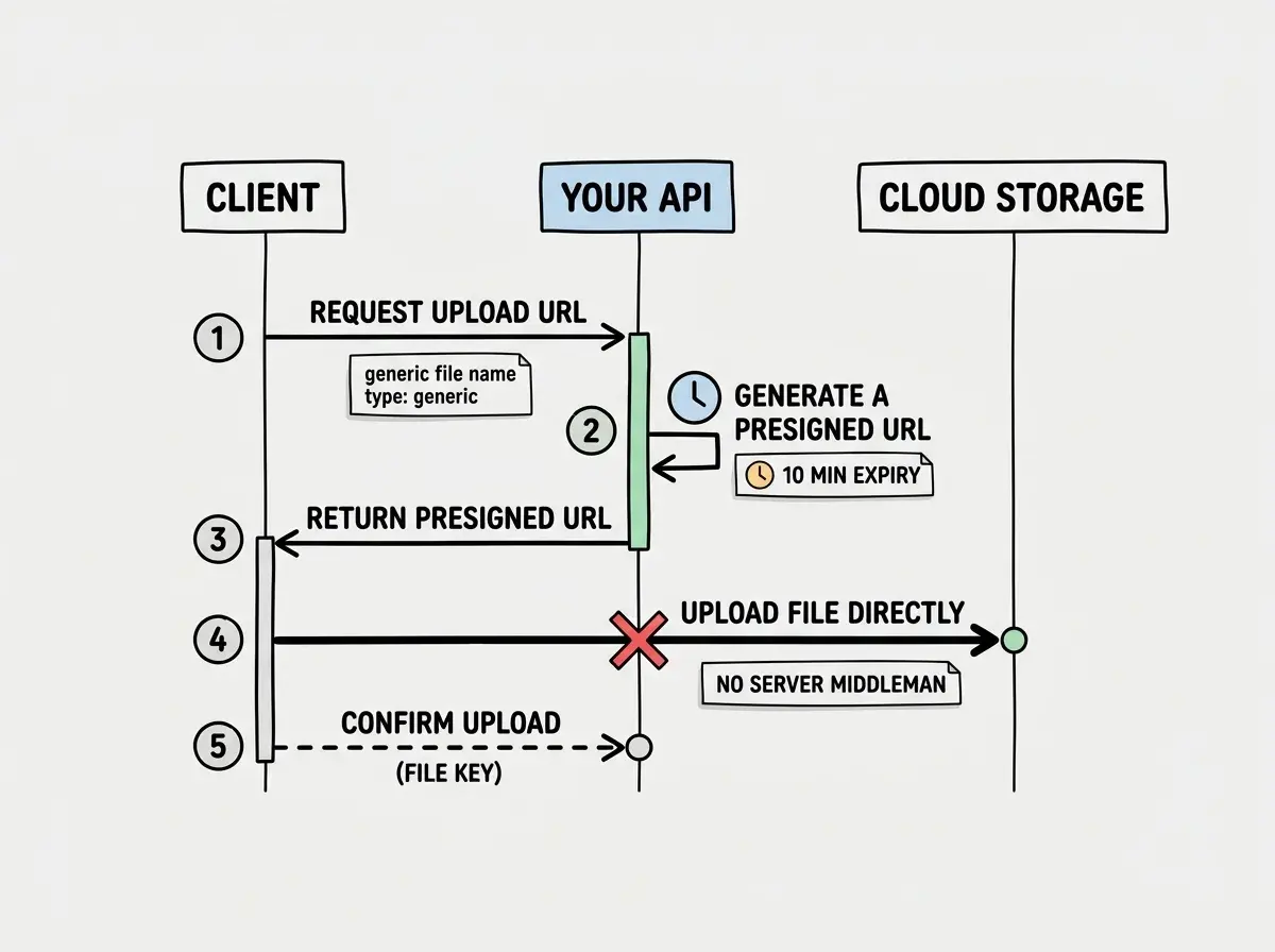 EXPLAINER DIAGRAM: A sequence diagram with three columns labeled CLIENT, YOUR API, and CLOUD STORAGE. Step 1 shows an arrow from CLIENT to YOUR API labeled REQUEST UPLOAD URL with a small note showing file name and type. Step 2 shows YOUR API generating a presigned URL with a clock icon showing 10 MIN EXPIRY. Step 3 shows an arrow from YOUR API back to CLIENT labeled RETURN PRESIGNED URL. Step 4 shows a thick arrow from CLIENT directly to CLOUD STORAGE labeled UPLOAD FILE DIRECTLY with a note NO SERVER MIDDLEMAN. Step 5 shows a dashed arrow from CLIENT to YOUR API labeled CONFIRM UPLOAD with the file key. A red X between CLIENT and YOUR API on step 4 emphasizes that the file does not pass through the API.