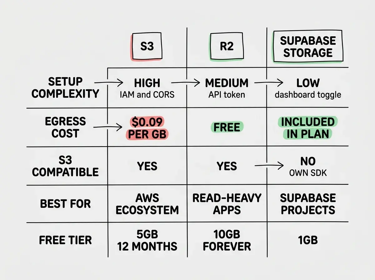 EXPLAINER DIAGRAM: A comparison table with three columns labeled S3, R2, and SUPABASE STORAGE and five rows. Row 1 SETUP COMPLEXITY shows S3 as HIGH with IAM and CORS noted, R2 as MEDIUM with API token noted, and Supabase as LOW with dashboard toggle noted. Row 2 EGRESS COST shows S3 as $0.09 PER GB in red, R2 as FREE in green, and Supabase as INCLUDED IN PLAN in green. Row 3 S3 COMPATIBLE shows S3 as YES, R2 as YES, and Supabase as NO with OWN SDK noted. Row 4 BEST FOR shows S3 as AWS ECOSYSTEM, R2 as READ-HEAVY APPS, and Supabase as SUPABASE PROJECTS. Row 5 FREE TIER shows S3 as 5GB 12 MONTHS, R2 as 10GB FOREVER, and Supabase as 1GB.
