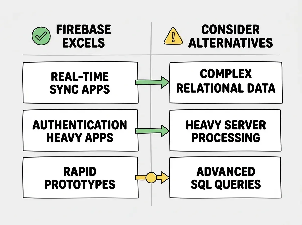 EXPLAINER DIAGRAM: A two-column comparison table. Left column header reads FIREBASE EXCELS with a green checkmark. Three rows below list REAL-TIME SYNC APPS, AUTHENTICATION HEAVY APPS, and RAPID PROTOTYPES. Right column header reads CONSIDER ALTERNATIVES with a yellow caution icon. Three rows below list COMPLEX RELATIONAL DATA, HEAVY SERVER PROCESSING, and ADVANCED SQL QUERIES. Clean white background with a subtle dividing line between columns.
