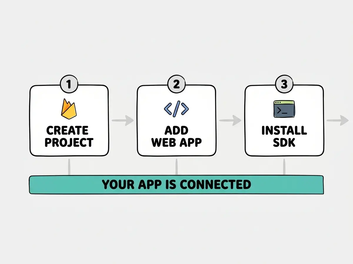 EXPLAINER DIAGRAM: Three numbered steps flowing left to right. Step 1 is a rounded rectangle labeled CREATE PROJECT with a small Firebase flame icon. Step 2 is a rounded rectangle labeled ADD WEB APP with a code brackets icon. Step 3 is a rounded rectangle labeled INSTALL SDK with a terminal icon. Arrows connect each step. Below all three, a horizontal bar reads YOUR APP IS CONNECTED in teal. Clean white background with light gray arrows.
