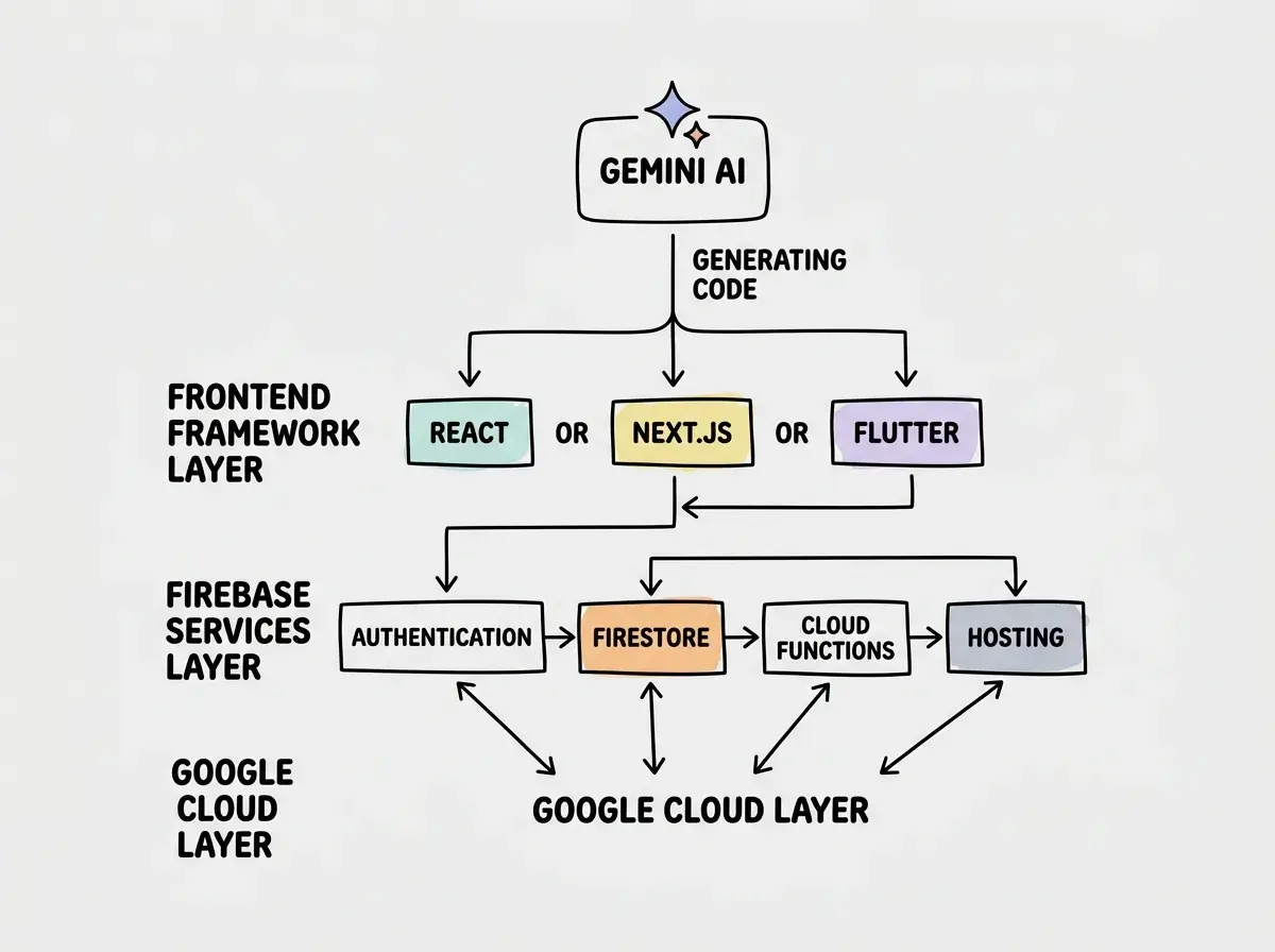 Explainer diagram showing Firebase Studio's architecture with Gemini AI at the top generating code that flows into three layers: a frontend framework layer showing React or Next.js or Flutter options, a Firebase services layer showing Authentication and Firestore and Cloud Functions and Hosting connected together, and a Google Cloud layer at the bottom providing the underlying infrastructure
