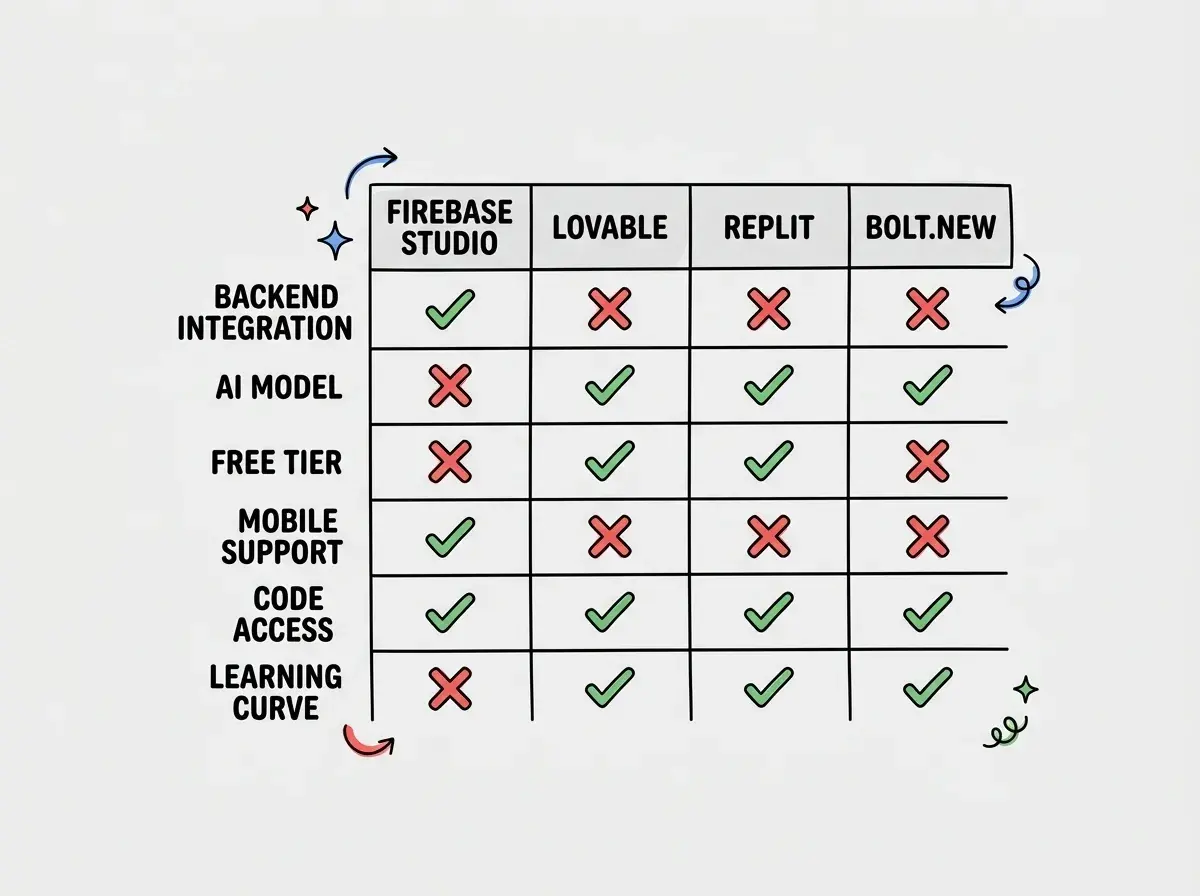 Explainer diagram showing a comparison table with four columns labeled Firebase Studio and Lovable and Replit and Bolt.new, with rows for Backend Integration and AI Model and Free Tier and Mobile Support and Code Access and Learning Curve, using checkmarks and X marks to show that Firebase Studio has strong backend integration and mobile support but a steeper learning curve compared to Lovable