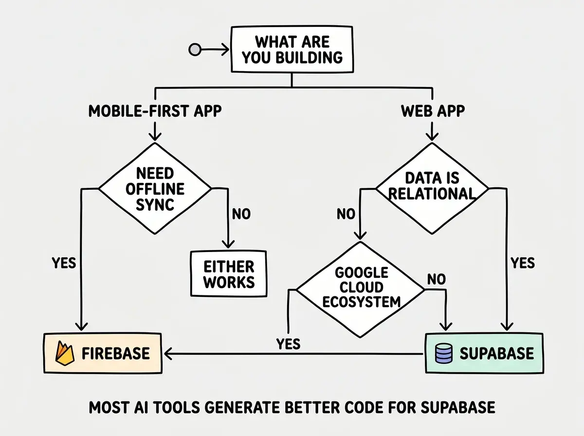 EXPLAINER DIAGRAM: A decision flowchart on white background. Start node at top reads WHAT ARE YOU BUILDING. Two branches extend down. Left branch labeled MOBILE-FIRST APP leads to a decision diamond reading NEED OFFLINE SYNC. YES arrow points to a box reading FIREBASE with a flame icon. NO arrow points to a box reading EITHER WORKS. Right branch labeled WEB APP leads to a decision diamond reading DATA IS RELATIONAL. YES arrow points to a box reading SUPABASE with a database icon. NO arrow points to a decision diamond reading GOOGLE CLOUD ECOSYSTEM. YES arrow points to FIREBASE. NO arrow points to SUPABASE. At the bottom, a note reads MOST AI TOOLS GENERATE BETTER CODE FOR SUPABASE.