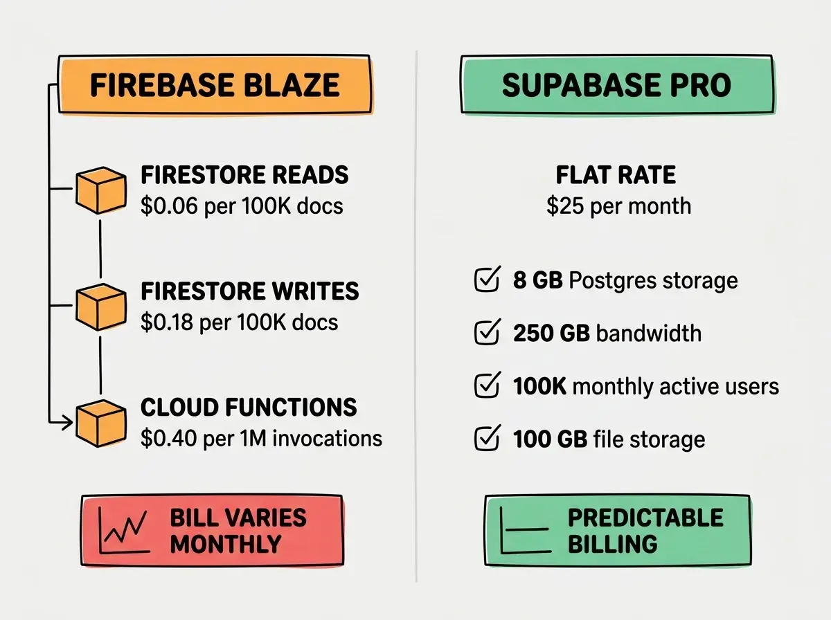 EXPLAINER DIAGRAM: A two-column pricing comparison on white background. Left column header reads FIREBASE BLAZE in orange. Three cost items listed vertically: FIRESTORE READS showing $0.06 per 100K docs, FIRESTORE WRITES showing $0.18 per 100K docs, CLOUD FUNCTIONS showing $0.40 per 1M invocations. Below these items, a red warning box reads BILL VARIES MONTHLY with a fluctuating line graph icon. Right column header reads SUPABASE PRO in green. One cost item: FLAT RATE showing $25 per month. Below it, four included items with checkmarks: 8 GB Postgres storage, 250 GB bandwidth, 100K monthly active users, 100 GB file storage. Below these items, a green box reads PREDICTABLE BILLING with a flat line graph icon.