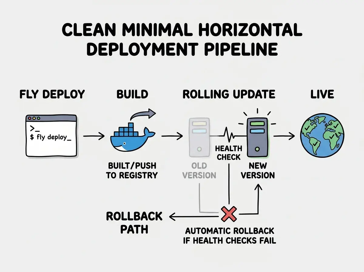 EXPLAINER DIAGRAM: A horizontal deployment pipeline showing four stages from left to right. Stage 1 labeled FLY DEPLOY shows a terminal icon with the command being typed. Stage 2 labeled BUILD shows a Docker whale icon with an arrow indicating the image is being built and pushed to a registry. Stage 3 labeled ROLLING UPDATE shows two server icons, one fading out labeled OLD VERSION and one lighting up labeled NEW VERSION, with a health check heartbeat line between them. Stage 4 labeled LIVE shows a globe icon with checkmarks in multiple regions. Below the pipeline, a separate ROLLBACK PATH shows a red X at the health check stage routing back to the old version with the label AUTOMATIC ROLLBACK IF HEALTH CHECKS FAIL.