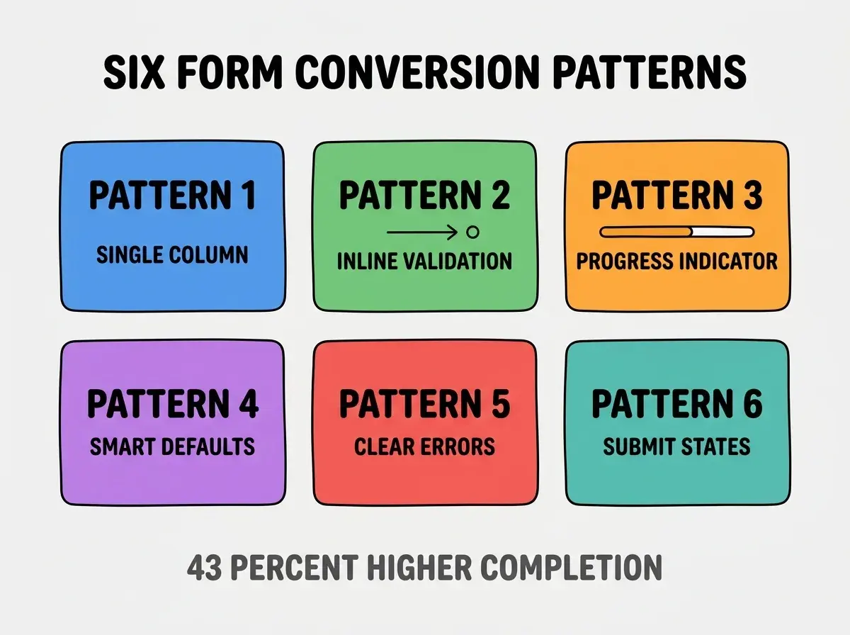 Clean modern flat infographic on light gray background. Top center bold black title text: SIX FORM CONVERSION PATTERNS. Below title, six equal sized colored rounded rectangle cards arranged in two rows of three. Card 1 blue: large bold text PATTERN 1 then smaller text SINGLE COLUMN. Card 2 green: large bold text PATTERN 2 then smaller text INLINE VALIDATION. Card 3 orange: large bold text PATTERN 3 then smaller text PROGRESS INDICATOR. Card 4 purple: large bold text PATTERN 4 then smaller text SMART DEFAULTS. Card 5 red: large bold text PATTERN 5 then smaller text CLEAR ERRORS. Card 6 teal: large bold text PATTERN 6 then smaller text SUBMIT STATES. Single footer line below cards in dark gray text: 43 PERCENT HIGHER COMPLETION. Nothing else on canvas. No text outside cards or below cards.