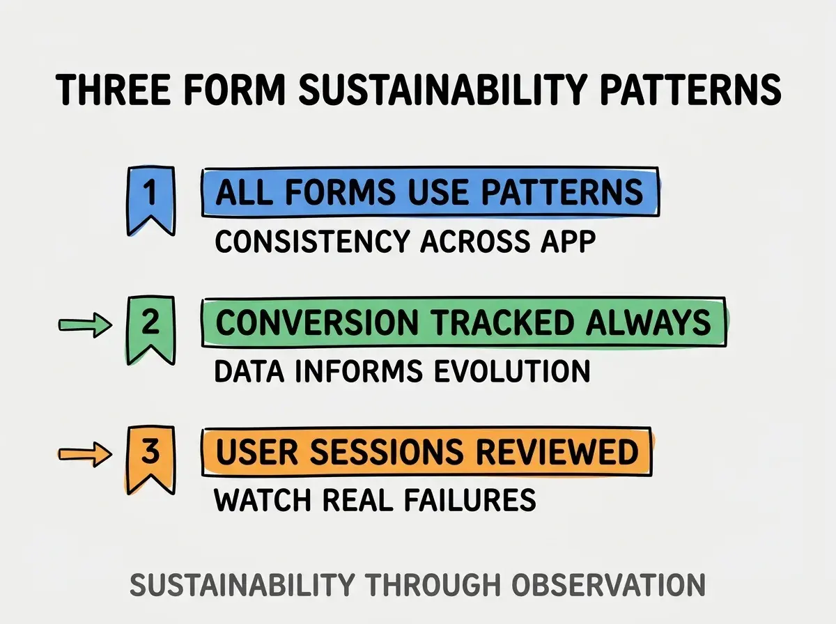 Clean modern flat infographic on light gray background. Top title bold black: THREE FORM SUSTAINABILITY PATTERNS. Single vertical numbered list with three rows. Row 1 blue badge ALL FORMS USE PATTERNS with subtitle CONSISTENCY ACROSS APP. Row 2 green badge CONVERSION TRACKED ALWAYS with subtitle DATA INFORMS EVOLUTION. Row 3 orange badge USER SESSIONS REVIEWED with subtitle WATCH REAL FAILURES. Footer text dark gray: SUSTAINABILITY THROUGH OBSERVATION. Each label appears exactly once. No duplicated text.
