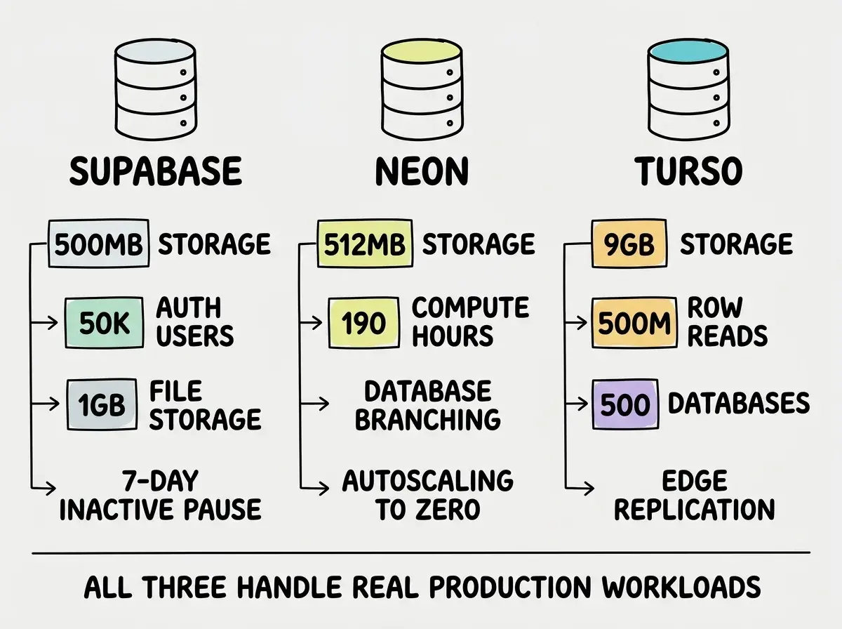 EXPLAINER DIAGRAM: A comparison table with three columns for Supabase, Neon, and Turso. Each column has a database icon at the top and rows showing free tier limits. Supabase shows 500MB storage, 50K auth users, 1GB file storage, and a note about 7-day inactive pause. Neon shows 512MB storage, 190 compute hours, database branching, and a note about autoscaling to zero. Turso shows 9GB storage, 500M row reads, 500 databases, and a note about edge replication. A footer note reads ALL THREE HANDLE REAL PRODUCTION WORKLOADS.