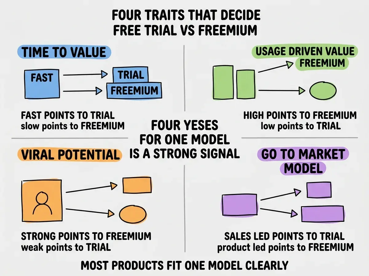EXPLAINER DIAGRAM titled FOUR TRAITS THAT DECIDE FREE TRIAL VS FREEMIUM shown as a 2x2 grid of quadrants on a slate background. Top left blue TIME TO VALUE sublabel FAST POINTS TO TRIAL, slow points to FREEMIUM. Top right green USAGE DRIVEN VALUE sublabel HIGH POINTS TO FREEMIUM, low points to TRIAL. Bottom left orange VIRAL POTENTIAL sublabel STRONG POINTS TO FREEMIUM, weak points to TRIAL. Bottom right purple GO TO MARKET MODEL sublabel SALES LED POINTS TO TRIAL, product led points to FREEMIUM. Center label reads FOUR YESES FOR ONE MODEL IS A STRONG SIGNAL. Footer reads MOST PRODUCTS FIT ONE MODEL CLEARLY.