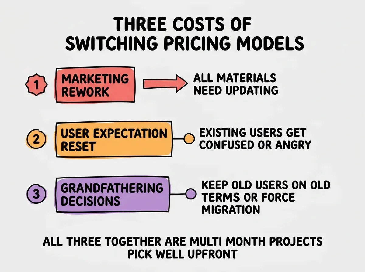EXPLAINER DIAGRAM titled THREE COSTS OF SWITCHING PRICING MODELS shown as a vertical numbered list on a slate background. Three rows. Row 1 red badge MARKETING REWORK sublabel ALL MATERIALS NEED UPDATING. Row 2 orange badge USER EXPECTATION RESET sublabel EXISTING USERS GET CONFUSED OR ANGRY. Row 3 purple badge GRANDFATHERING DECISIONS sublabel KEEP OLD USERS ON OLD TERMS OR FORCE MIGRATION. Footer reads ALL THREE TOGETHER ARE MULTI MONTH PROJECTS PICK WELL UPFRONT.