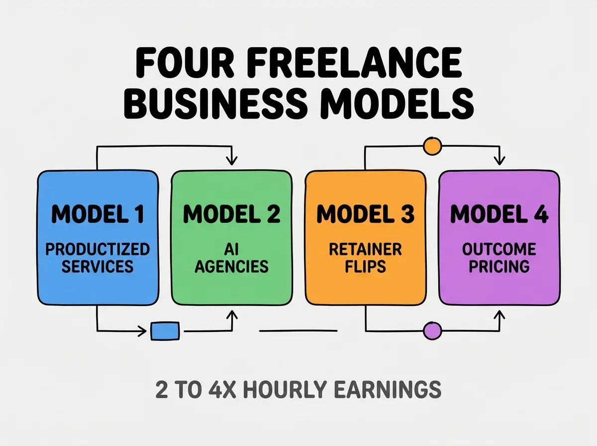 Clean modern flat infographic on light gray background. Top center bold black title text: FOUR FREELANCE BUSINESS MODELS. Below title, four equal sized colored rounded rectangle cards arranged horizontally. Card 1 blue: large bold text MODEL 1 then smaller text PRODUCTIZED SERVICES. Card 2 green: large bold text MODEL 2 then smaller text AI AGENCIES. Card 3 orange: large bold text MODEL 3 then smaller text RETAINER FLIPS. Card 4 purple: large bold text MODEL 4 then smaller text OUTCOME PRICING. Single footer line below cards in dark gray text: 2 TO 4X HOURLY EARNINGS. Nothing else on canvas. No text outside cards or below cards.