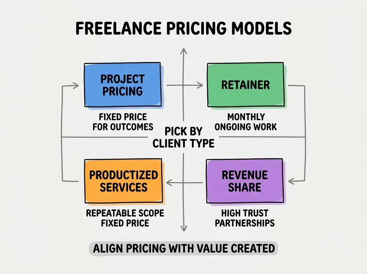 EXPLAINER DIAGRAM titled FOUR FREELANCE PRICING MODELS shown as a 2x2 grid of quadrants on a slate background. Top left blue PROJECT PRICING sublabel FIXED PRICE FOR OUTCOMES. Top right green RETAINER sublabel MONTHLY ONGOING WORK. Bottom left orange PRODUCTIZED SERVICES sublabel REPEATABLE SCOPE FIXED PRICE. Bottom right purple REVENUE SHARE sublabel HIGH TRUST PARTNERSHIPS. Center label PICK BY CLIENT TYPE. Footer reads ALIGN PRICING WITH VALUE CREATED.