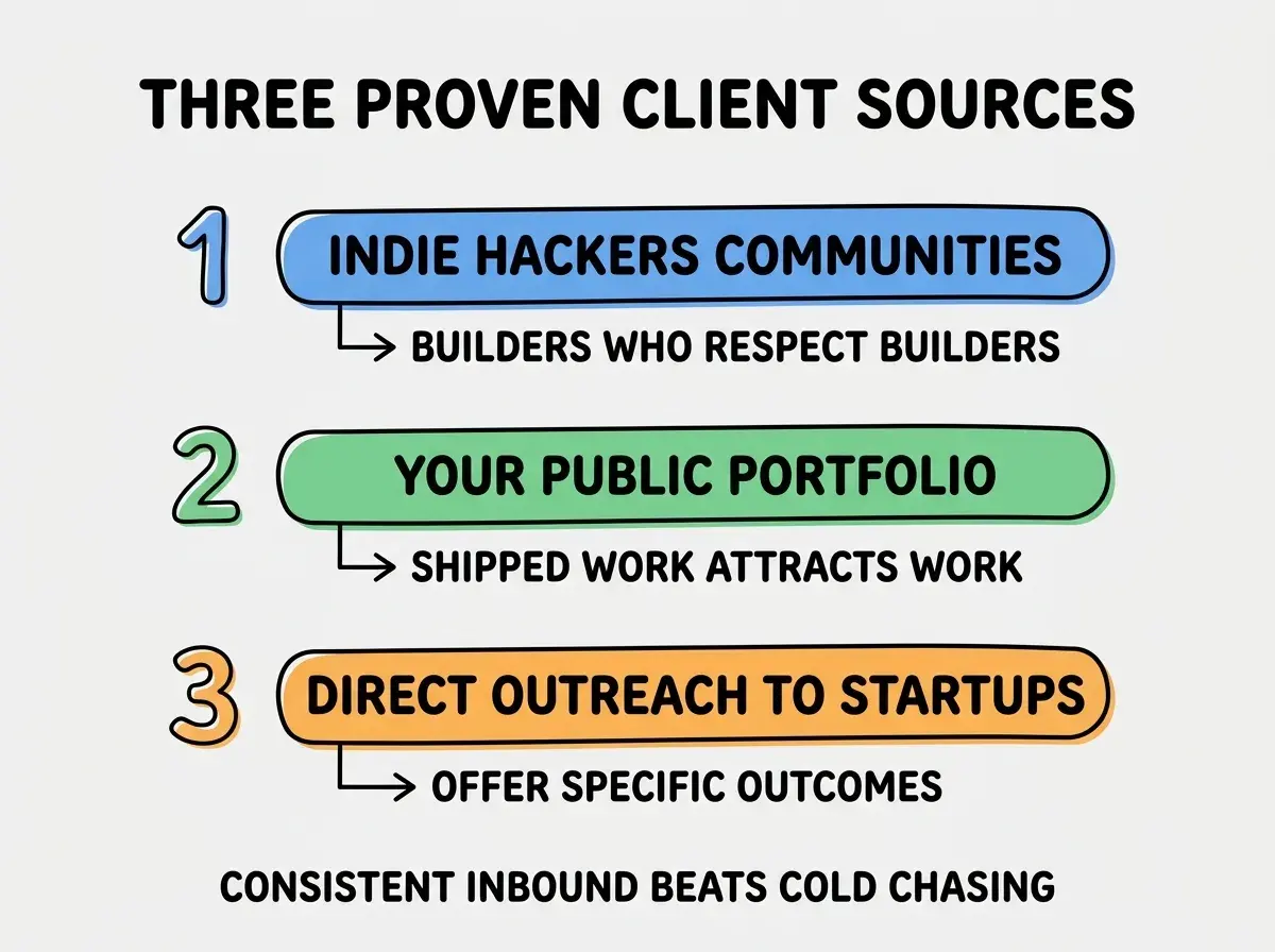 EXPLAINER DIAGRAM titled THREE PROVEN CLIENT SOURCES shown as a vertical numbered list on a slate background. Three rows. Row 1 blue badge IndieHackers and Founder Communities sublabel BUILDERS WHO RESPECT BUILDERS. Row 2 green badge YOUR PUBLIC PORTFOLIO sublabel SHIPPED WORK ATTRACTS WORK. Row 3 orange badge DIRECT OUTREACH TO STARTUPS sublabel OFFER SPECIFIC OUTCOMES. Footer reads CONSISTENT INBOUND BEATS COLD CHASING.