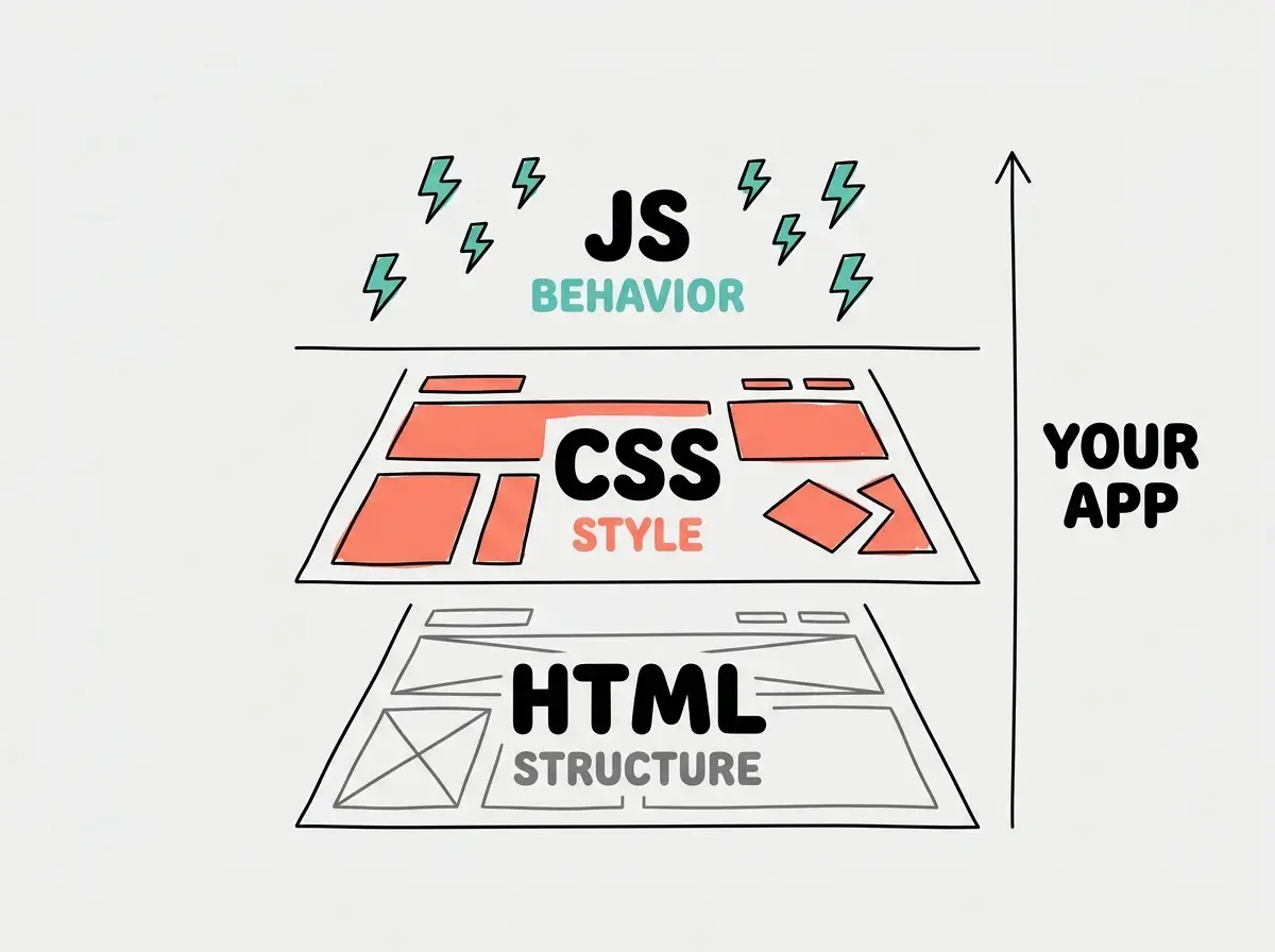 Three stacked layers: bottom HTML STRUCTURE in gray wireframe, middle CSS STYLE with colored blocks in coral, top JS BEHAVIOR with lightning bolts in teal
