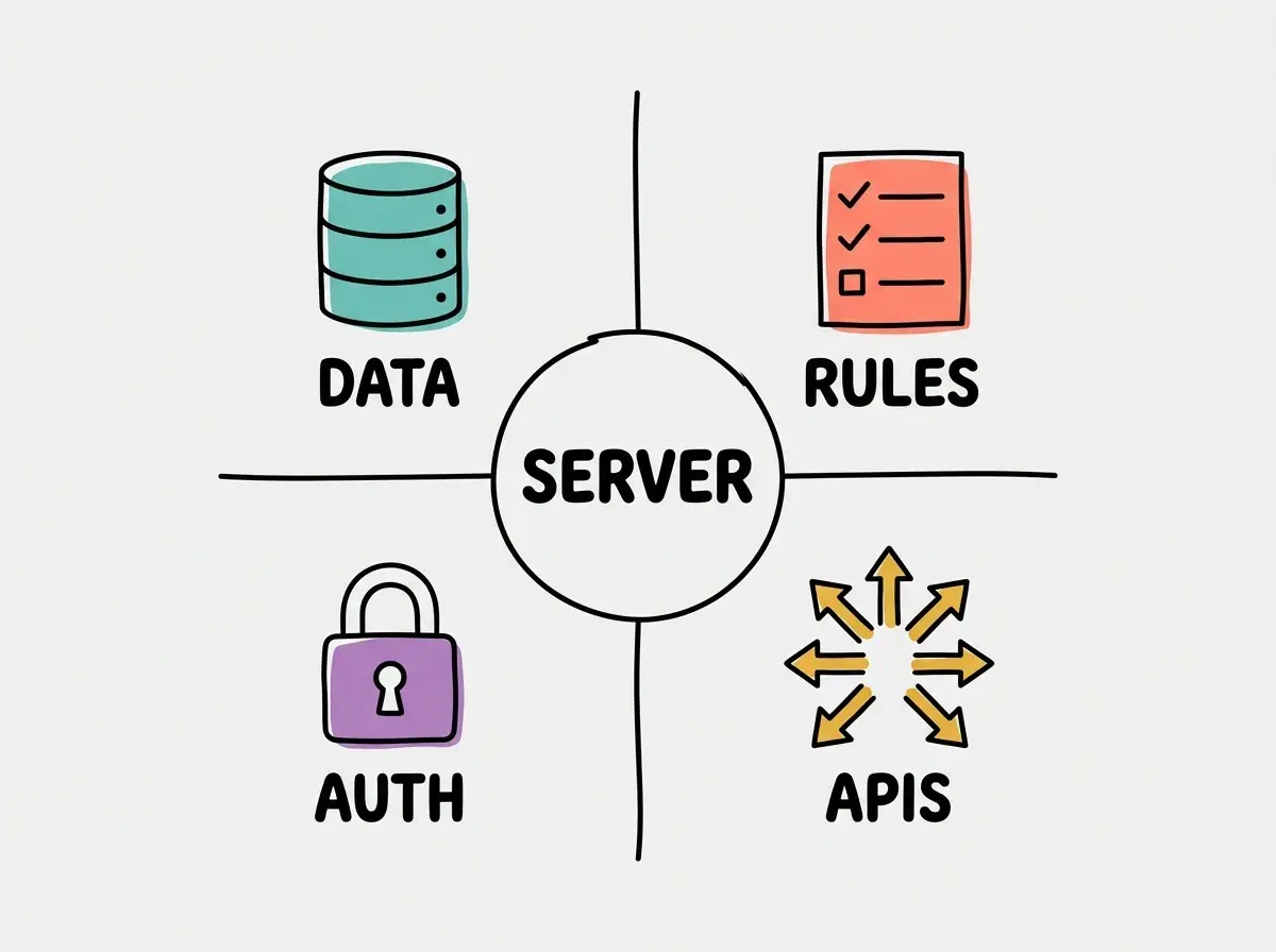 Four quadrants around a central SERVER circle: DATA with database icon in teal, RULES with checklist in coral, AUTH with lock in purple, APIS with outward arrows in yellow