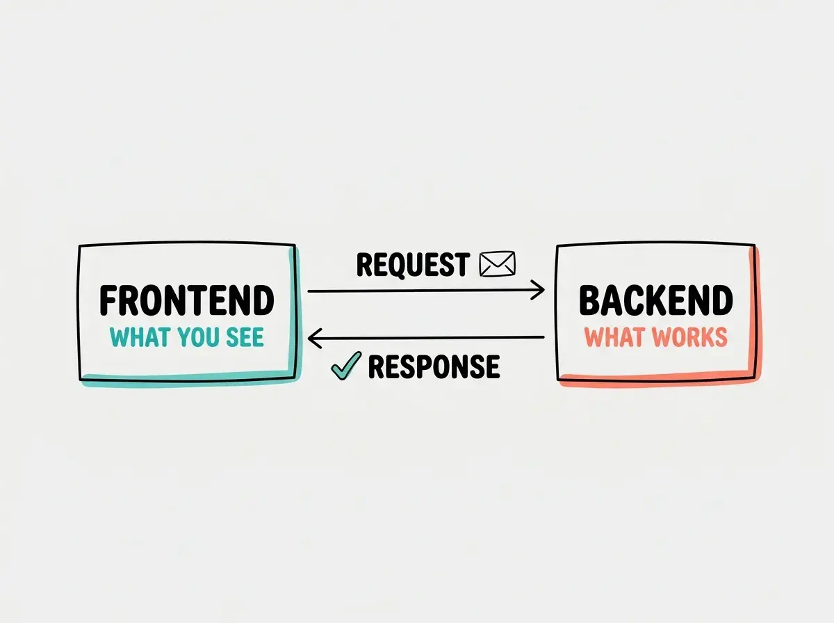 FRONTEND box on left labeled WHAT YOU SEE in teal, BACKEND box on right labeled WHAT WORKS in coral, REQUEST arrow going right, RESPONSE arrow going left