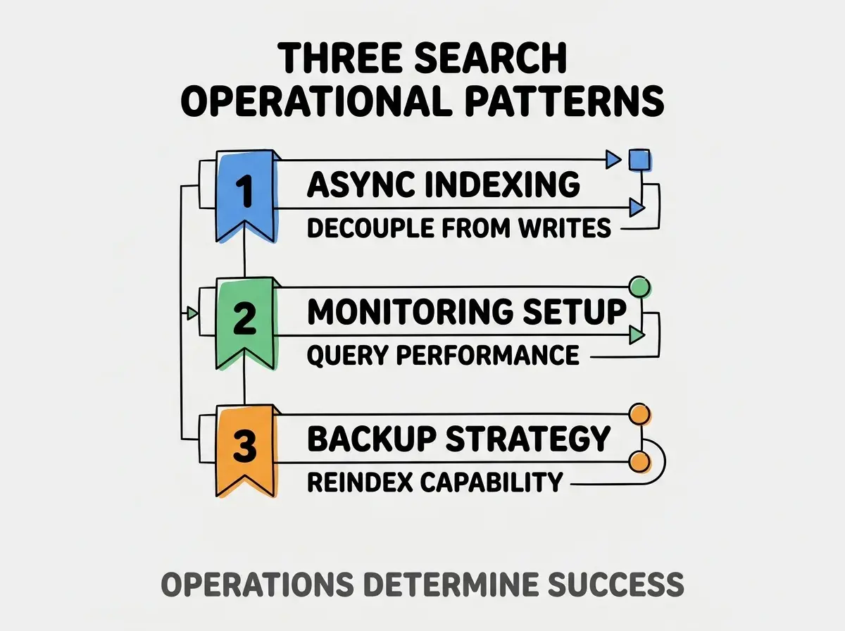 Clean modern flat infographic on light gray background. Top title bold black: THREE SEARCH OPERATIONAL PATTERNS. Single vertical numbered list with three rows. Row 1 blue badge ASYNC INDEXING with subtitle DECOUPLE FROM WRITES. Row 2 green badge MONITORING SETUP with subtitle QUERY PERFORMANCE. Row 3 orange badge BACKUP STRATEGY with subtitle REINDEX CAPABILITY. Footer text dark gray: OPERATIONS DETERMINE SUCCESS. Each label appears exactly once. No duplicated text.