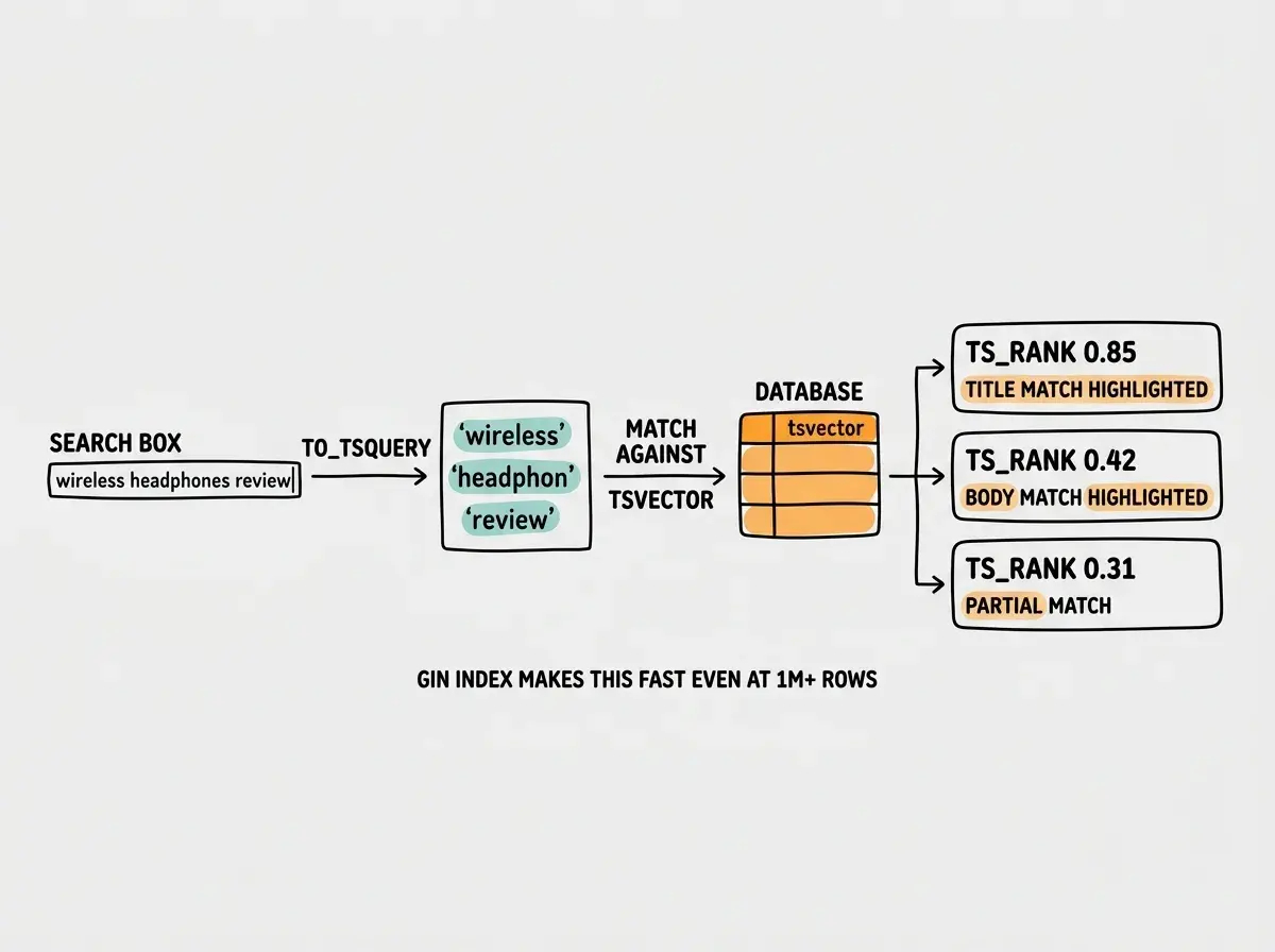 EXPLAINER DIAGRAM: A horizontal flow showing how PostgreSQL full-text search processes a query. On the left, a user types 'wireless headphones review' into a search box. An arrow labeled TO_TSQUERY points to a middle box showing the normalized query tokens: 'wireless' and 'headphon' and 'review' with stemming applied. Another arrow labeled MATCH AGAINST TSVECTOR points to a database table icon where rows have tsvector columns. Three result rows emerge on the right side, ordered by relevance score: first result has ts_rank 0.85 with title match highlighted, second result has ts_rank 0.42 with body match highlighted, third result has ts_rank 0.31 with partial match. A small note below reads 'GIN index makes this fast even at 1M+ rows'.