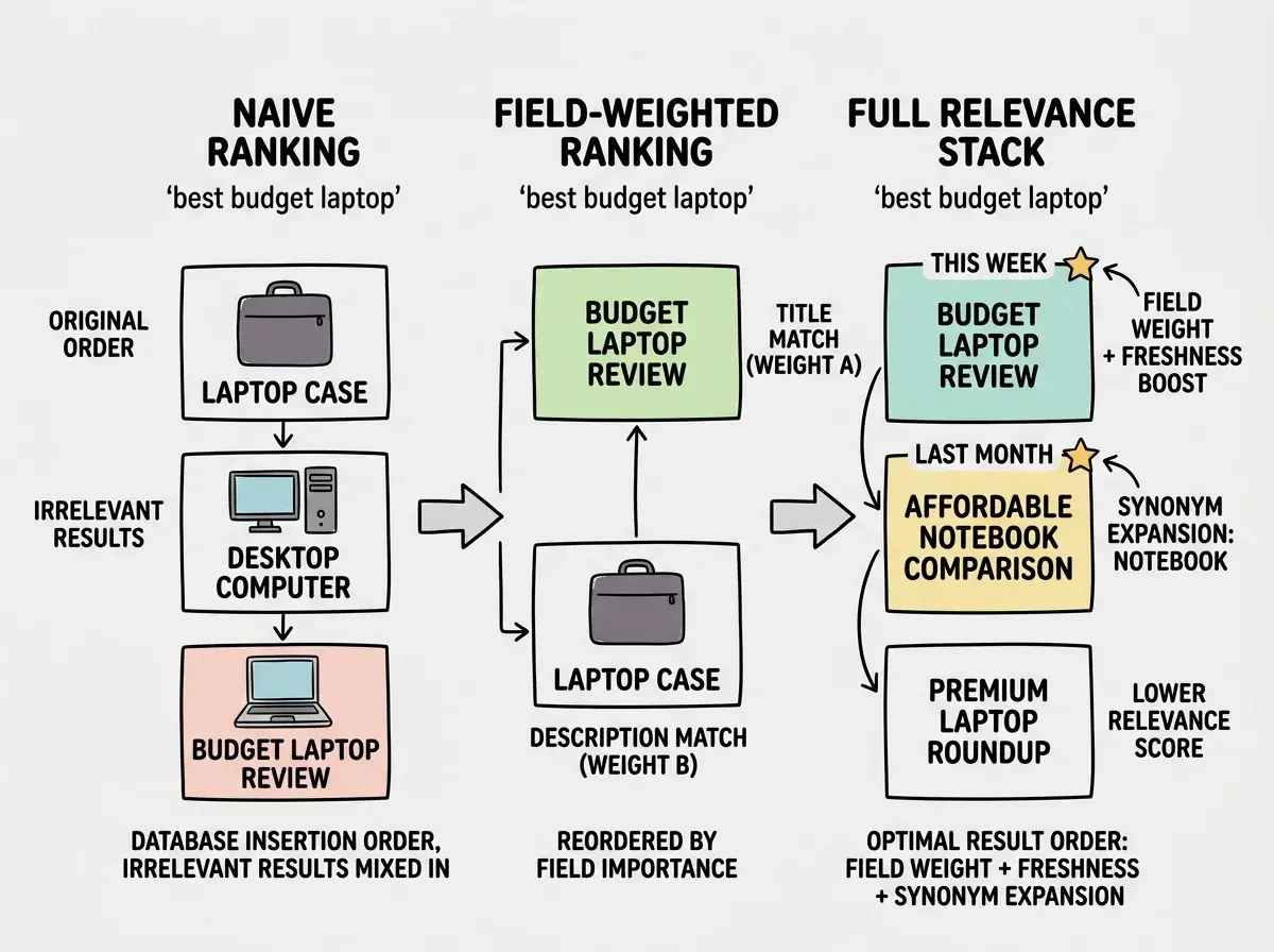 EXPLAINER DIAGRAM: A vertical comparison showing three relevance ranking scenarios for the same search query 'best budget laptop'. Left column labeled NAIVE RANKING shows results in database insertion order with irrelevant results mixed in: first result is a laptop case, second is a desktop computer, third is the actual budget laptop review. Middle column labeled FIELD-WEIGHTED RANKING shows results reordered by field importance: the budget laptop review rises to the top because 'budget laptop' appears in its title (weight A), the laptop case drops because the match is only in description (weight B). Right column labeled FULL RELEVANCE STACK shows the optimal result order combining field weight plus freshness boost plus synonym expansion: budget laptop review from this week ranks first, affordable notebook comparison from last month ranks second due to synonym match, premium laptop roundup ranks third with lower relevance score.