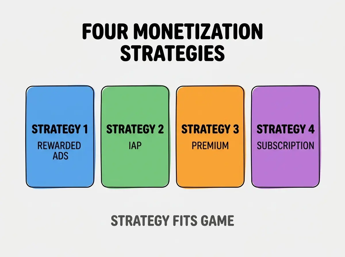 Clean modern flat infographic on light gray background. Top center bold black title text: FOUR MONETIZATION STRATEGIES. Below title, four equal sized colored rounded rectangle cards arranged horizontally. Card 1 blue: large bold text STRATEGY 1 then smaller text REWARDED ADS. Card 2 green: large bold text STRATEGY 2 then smaller text IAP. Card 3 orange: large bold text STRATEGY 3 then smaller text PREMIUM. Card 4 purple: large bold text STRATEGY 4 then smaller text SUBSCRIPTION. Single footer line below cards in dark gray text: STRATEGY FITS GAME. Nothing else on canvas. No text outside cards or below cards.
