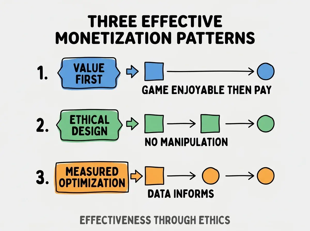 Clean modern flat infographic on light gray background. Top title bold black: THREE EFFECTIVE MONETIZATION PATTERNS. Single vertical numbered list with three rows. Row 1 blue badge VALUE FIRST with subtitle GAME ENJOYABLE THEN PAY. Row 2 green badge ETHICAL DESIGN with subtitle NO MANIPULATION. Row 3 orange badge MEASURED OPTIMIZATION with subtitle DATA INFORMS. Footer text dark gray: EFFECTIVENESS THROUGH ETHICS. Each label appears exactly once. No duplicated text.