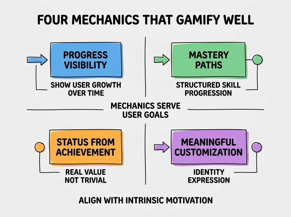 EXPLAINER DIAGRAM titled FOUR MECHANICS THAT GAMIFY WELL shown as a 2x2 grid of quadrants on a slate background. Top left blue PROGRESS VISIBILITY sublabel SHOW USER GROWTH OVER TIME. Top right green MASTERY PATHS sublabel STRUCTURED SKILL PROGRESSION. Bottom left orange STATUS FROM ACHIEVEMENT sublabel REAL VALUE NOT TRIVIAL. Bottom right purple MEANINGFUL CUSTOMIZATION sublabel IDENTITY EXPRESSION. Center label MECHANICS SERVE USER GOALS. Footer reads ALIGN WITH INTRINSIC MOTIVATION.