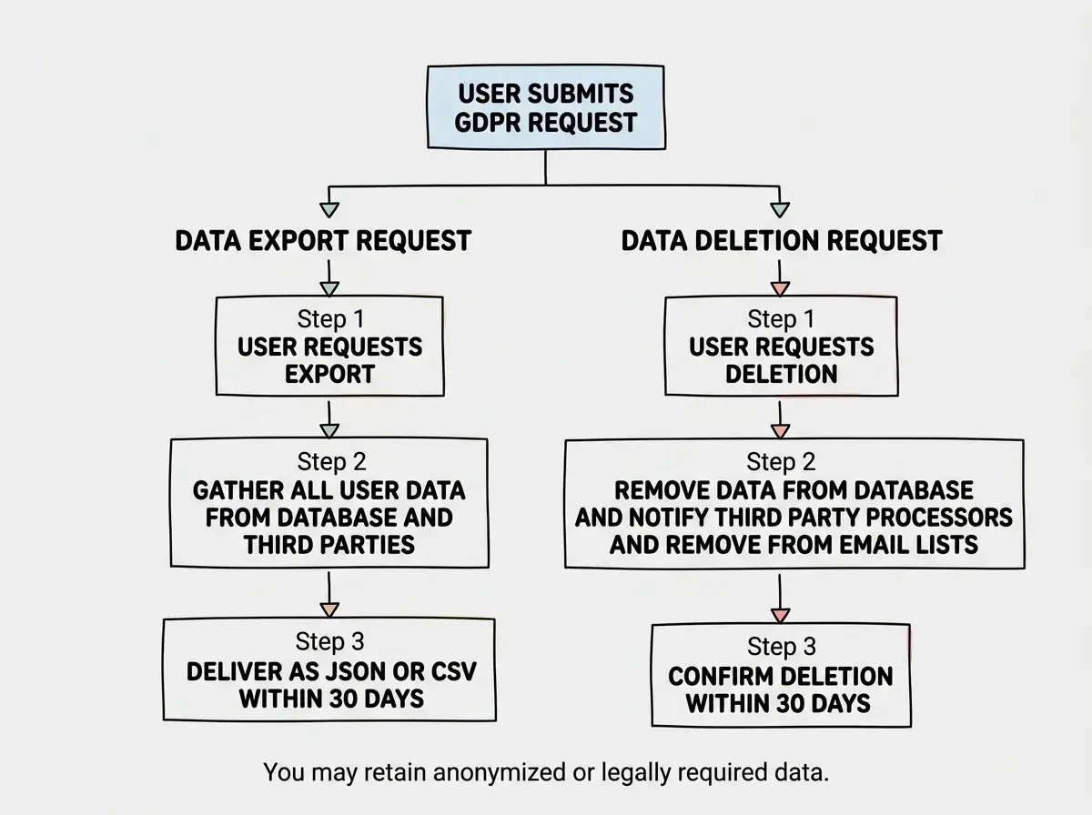 EXPLAINER DIAGRAM: A flowchart showing two parallel paths for GDPR data rights. Left path labeled DATA EXPORT REQUEST shows three steps: Step 1 USER REQUESTS EXPORT, Step 2 GATHER ALL USER DATA FROM DATABASE AND THIRD PARTIES, Step 3 DELIVER AS JSON OR CSV WITHIN 30 DAYS. Right path labeled DATA DELETION REQUEST shows three steps: Step 1 USER REQUESTS DELETION, Step 2 REMOVE DATA FROM DATABASE AND NOTIFY THIRD PARTY PROCESSORS AND REMOVE FROM EMAIL LISTS, Step 3 CONFIRM DELETION WITHIN 30 DAYS. Both paths originate from a single box at top labeled USER SUBMITS GDPR REQUEST. A note at the bottom reads: You may retain anonymized or legally required data.