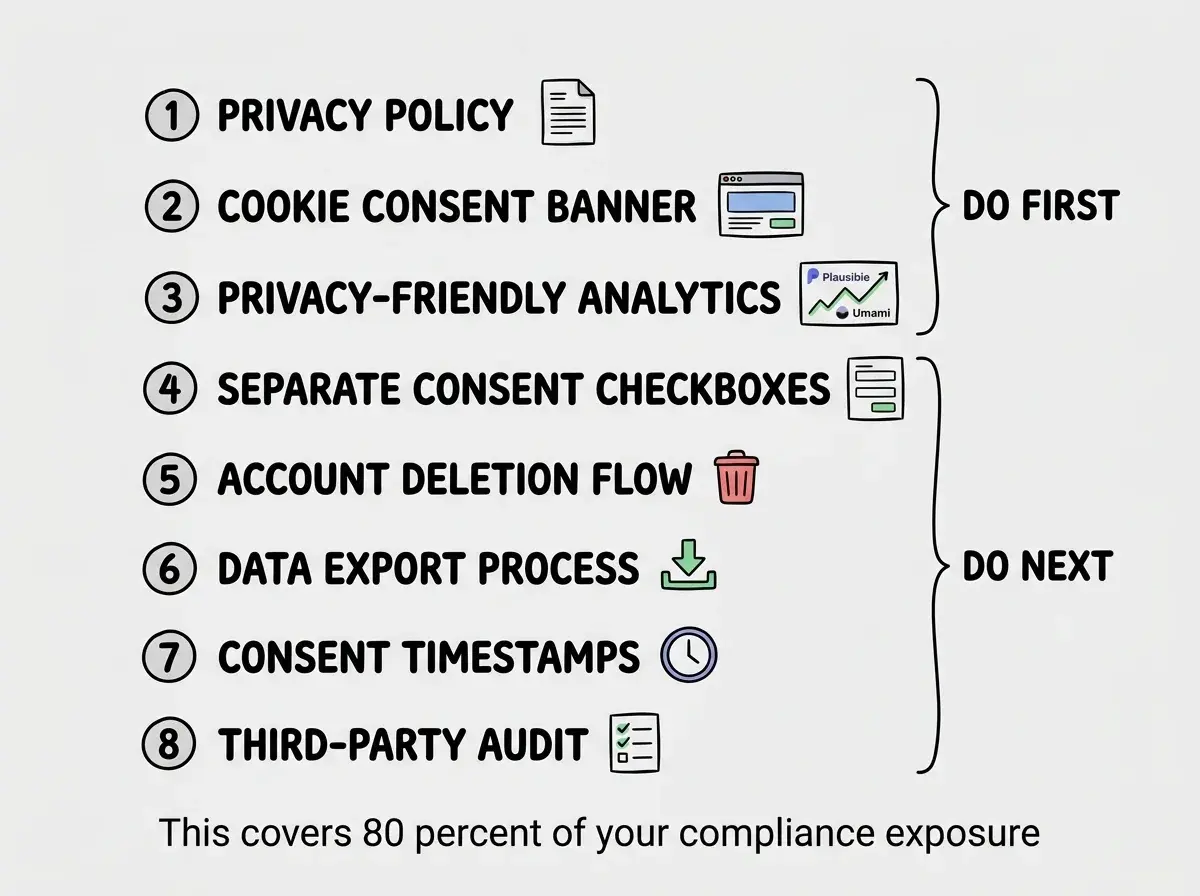 EXPLAINER DIAGRAM: A numbered vertical checklist showing eight items in order of priority. Item 1 PRIVACY POLICY with a document icon. Item 2 COOKIE CONSENT BANNER with a browser window icon. Item 3 PRIVACY-FRIENDLY ANALYTICS with a chart icon showing Plausible or Umami logos. Item 4 SEPARATE CONSENT CHECKBOXES with a form icon. Item 5 ACCOUNT DELETION FLOW with a trash icon. Item 6 DATA EXPORT PROCESS with a download icon. Item 7 CONSENT TIMESTAMPS with a clock icon. Item 8 THIRD-PARTY AUDIT with a checklist icon. A bracket on the right groups items 1 through 3 as DO FIRST and items 4 through 8 as DO NEXT. A note at the bottom reads: This covers 80 percent of your compliance exposure.