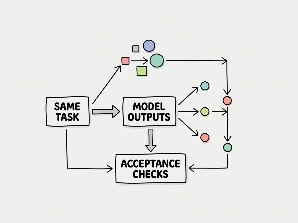 Simple conceptual diagram with separate boxes labeled SAME TASK, MODEL OUTPUTS, ACCEPTANCE CHECKS. Use exactly these labels and no other text. No statistics, numbers, code, or rankings.