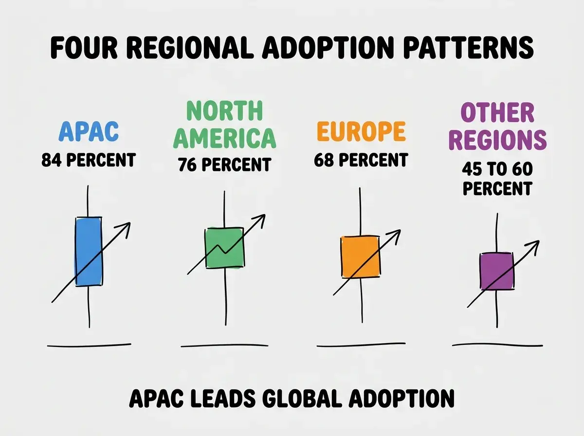 EXPLAINER DIAGRAM titled FOUR REGIONAL ADOPTION PATTERNS shown as a horizontal four-column chart on a slate background. Column 1 colored blue APAC label 84 PERCENT. Column 2 colored green NORTH AMERICA label 76 PERCENT. Column 3 colored orange EUROPE label 68 PERCENT. Column 4 colored purple OTHER REGIONS label 45 TO 60 PERCENT. Footer reads APAC LEADS GLOBAL ADOPTION.