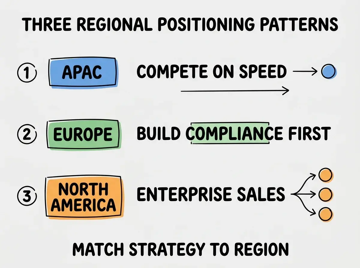 EXPLAINER DIAGRAM titled THREE REGIONAL POSITIONING PATTERNS shown as a vertical numbered list on a slate background. Three rows. Row 1 blue badge APAC sublabel COMPETE ON SPEED. Row 2 green badge EUROPE sublabel BUILD COMPLIANCE FIRST. Row 3 orange badge NORTH AMERICA sublabel ENTERPRISE SALES. Footer reads MATCH STRATEGY TO REGION. CRITICAL: each label appears only ONCE.