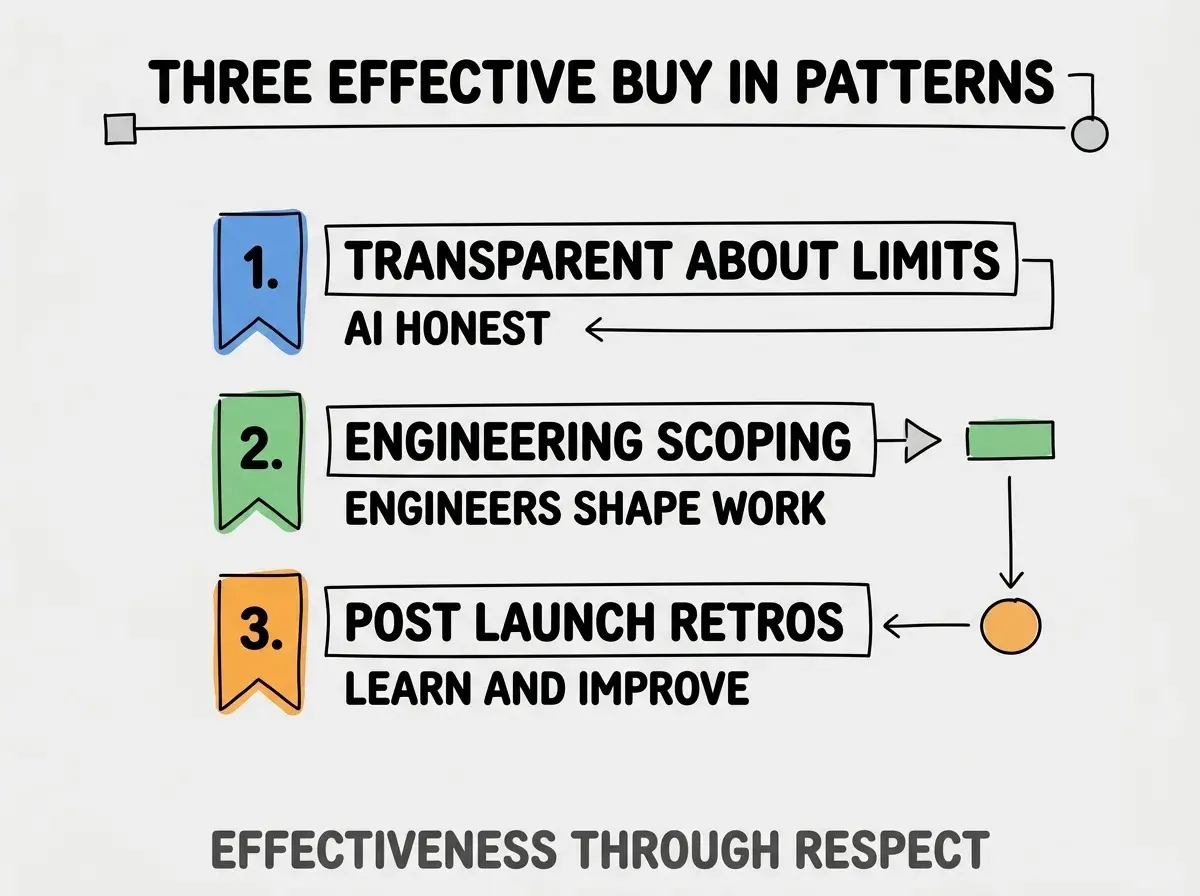 Clean modern flat infographic on light gray background. Top title bold black: THREE EFFECTIVE BUY IN PATTERNS. Single vertical numbered list with three rows. Row 1 blue badge TRANSPARENT ABOUT LIMITS with subtitle AI HONEST. Row 2 green badge ENGINEERING SCOPING with subtitle ENGINEERS SHAPE WORK. Row 3 orange badge POST LAUNCH RETROS with subtitle LEARN AND IMPROVE. Footer text dark gray: EFFECTIVENESS THROUGH RESPECT. Each label appears exactly once. No duplicated text.