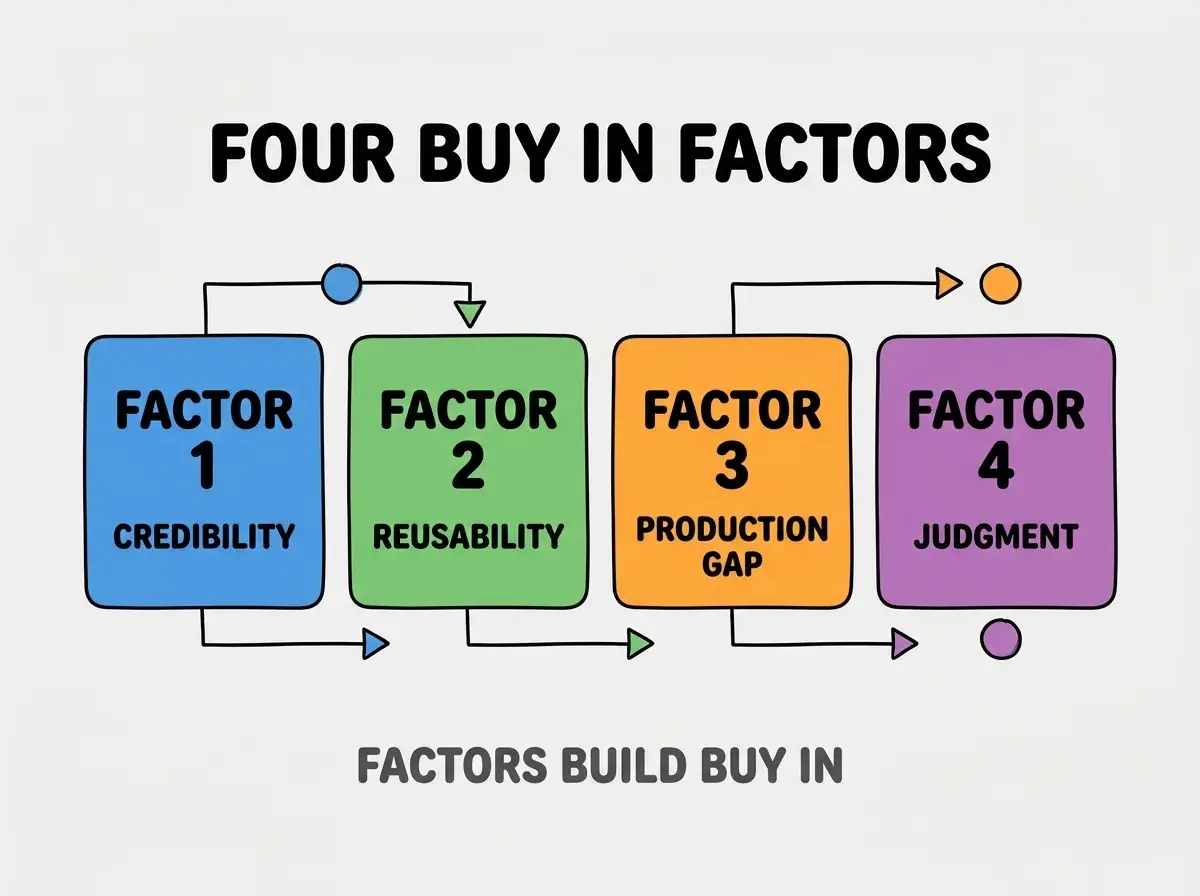 Clean modern flat infographic on light gray background. Top center bold black title text: FOUR BUY IN FACTORS. Below title, four equal sized colored rounded rectangle cards arranged horizontally. Card 1 blue: large bold text FACTOR 1 then smaller text CREDIBILITY. Card 2 green: large bold text FACTOR 2 then smaller text REUSABILITY. Card 3 orange: large bold text FACTOR 3 then smaller text PRODUCTION GAP. Card 4 purple: large bold text FACTOR 4 then smaller text JUDGMENT. Single footer line below cards in dark gray text: FACTORS BUILD BUY IN. Nothing else on canvas. No text outside cards or below cards.