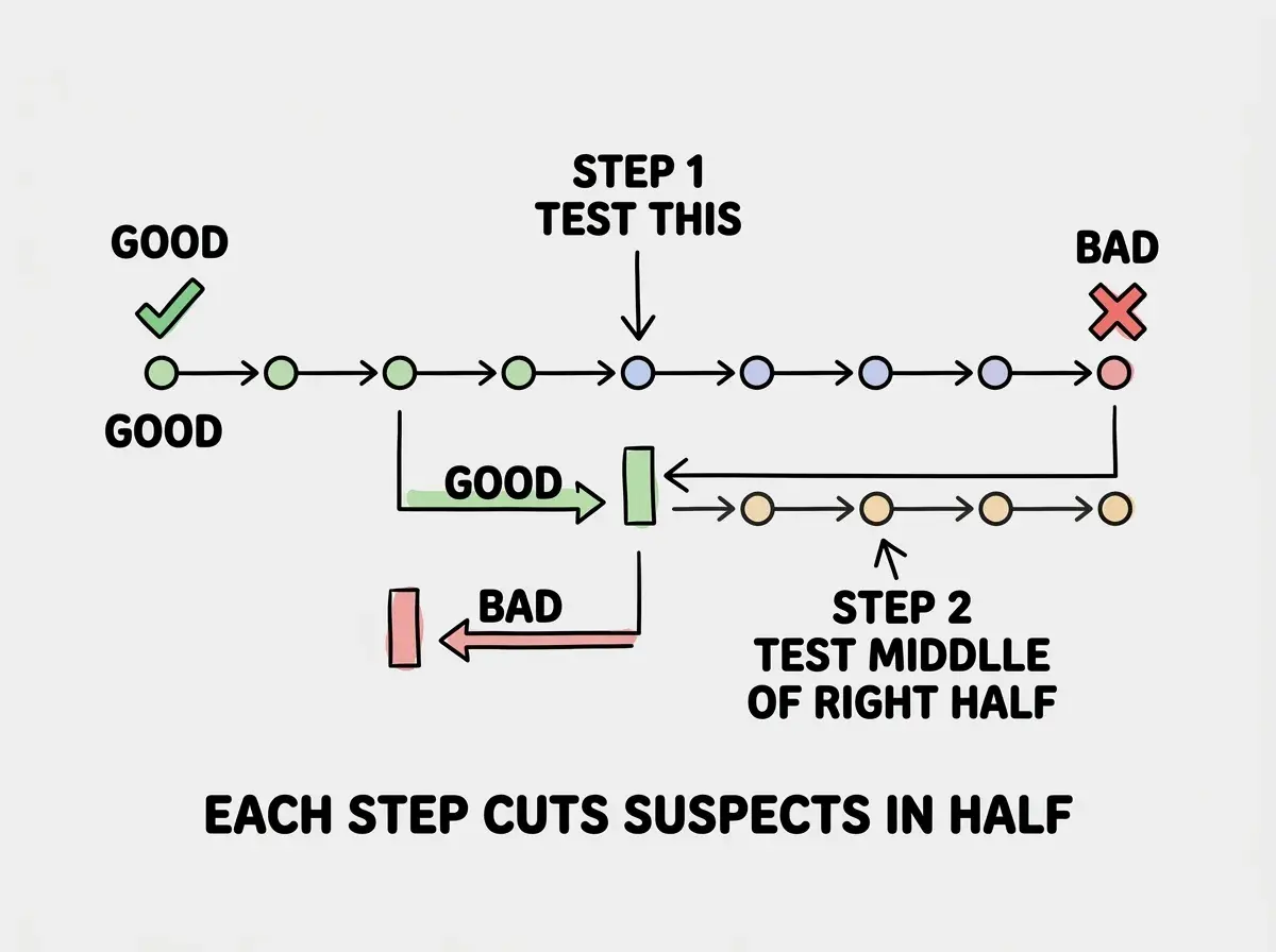 EXPLAINER DIAGRAM: A horizontal timeline of commits labeled oldest to newest. The first commit is marked with a green checkmark labeled GOOD (bug not present). The last commit is marked with a red X labeled BAD (bug present). An arrow points to the middle commit, labeled STEP 1 - TEST THIS. Below, two branches: if this commit is good, the arrow shifts to the right half with label STEP 2 - TEST MIDDLE OF RIGHT HALF; if bad, the arrow shifts to the left half. A caption at the bottom reads: Each step cuts suspects in half.