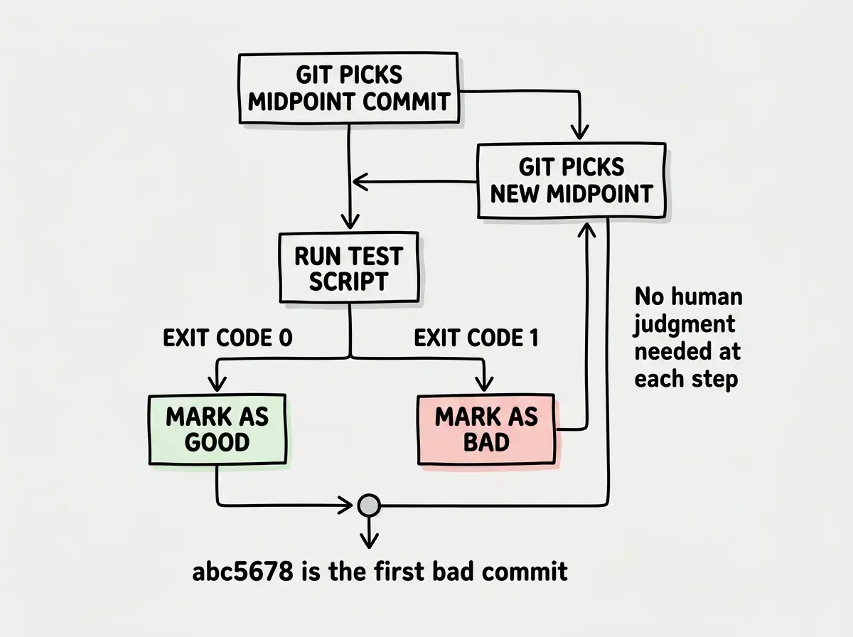 EXPLAINER DIAGRAM: A flowchart showing the git bisect run loop. A box at the top labeled GIT PICKS MIDPOINT COMMIT has an arrow pointing down to a box labeled RUN TEST SCRIPT, which branches into two paths: EXIT CODE 0 points right to a box labeled MARK AS GOOD (bug absent); EXIT CODE 1 points left to a box labeled MARK AS BAD (bug present). Both paths have arrows that loop back up to GIT PICKS NEW MIDPOINT COMMIT. At the bottom, a terminal box shows the output text: abc5678 is the first bad commit. A note to the side reads: No human judgment needed at each step.