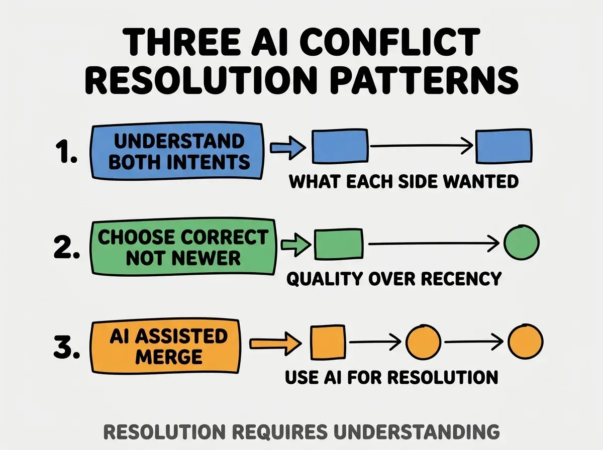 Clean modern flat infographic on light gray background. Top title bold black: THREE AI CONFLICT RESOLUTION PATTERNS. Single vertical numbered list with three rows. Row 1 blue badge UNDERSTAND BOTH INTENTS with subtitle WHAT EACH SIDE WANTED. Row 2 green badge CHOOSE CORRECT NOT NEWER with subtitle QUALITY OVER RECENCY. Row 3 orange badge AI ASSISTED MERGE with subtitle USE AI FOR RESOLUTION. Footer text dark gray: RESOLUTION REQUIRES UNDERSTANDING. Each label appears exactly once. No duplicated text.