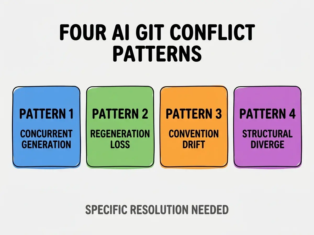 Clean modern flat infographic on light gray background. Top center title bold black sans-serif: FOUR AI GIT CONFLICT PATTERNS. Single horizontal row with four equal sized colored rounded rectangle cards. Card 1 blue background two lines CONCURRENT AI GENERATION and DIFFERENT PATTERNS. Card 2 green background two lines AI REGENERATES MODIFIED and LOSES INTENT. Card 3 orange background two lines DIFFERENT CONVENTIONS and STANDARDS DIVERGE. Card 4 purple background two lines DIFFERENT CONSOLIDATION and STRUCTURE DIVERGES. Below the row a single footer line in dark gray text: PATTERNS NEED SPECIFIC RESOLUTION. No other text. No duplicated text anywhere.