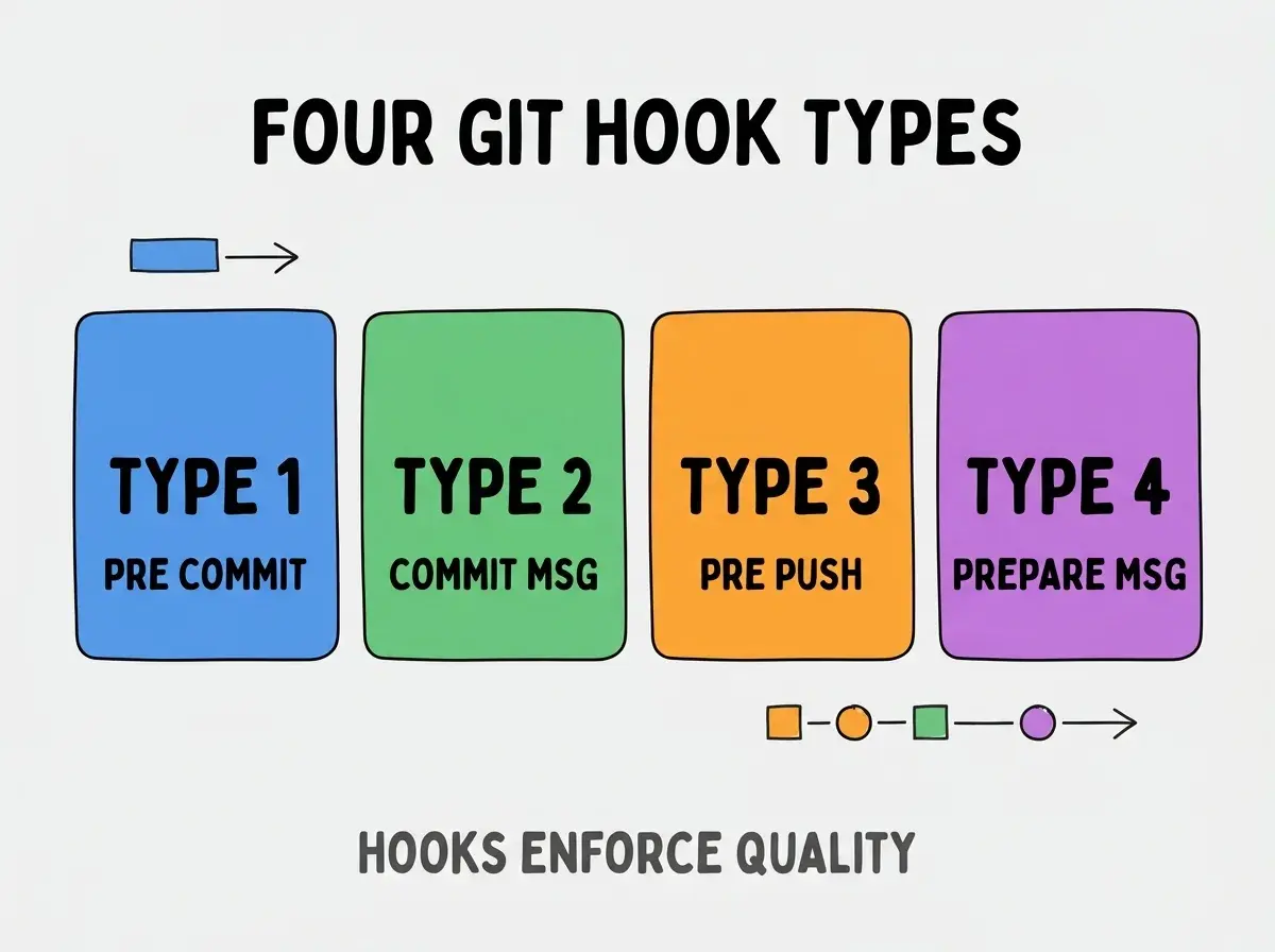 Clean modern flat infographic on light gray background. Top center bold black title text: FOUR GIT HOOK TYPES. Below title, four equal sized colored rounded rectangle cards arranged horizontally. Card 1 blue: large bold text TYPE 1 then smaller text PRE COMMIT. Card 2 green: large bold text TYPE 2 then smaller text COMMIT MSG. Card 3 orange: large bold text TYPE 3 then smaller text PRE PUSH. Card 4 purple: large bold text TYPE 4 then smaller text PREPARE MSG. Single footer line below cards in dark gray text: HOOKS ENFORCE QUALITY. Nothing else on canvas. No text outside cards or below cards.