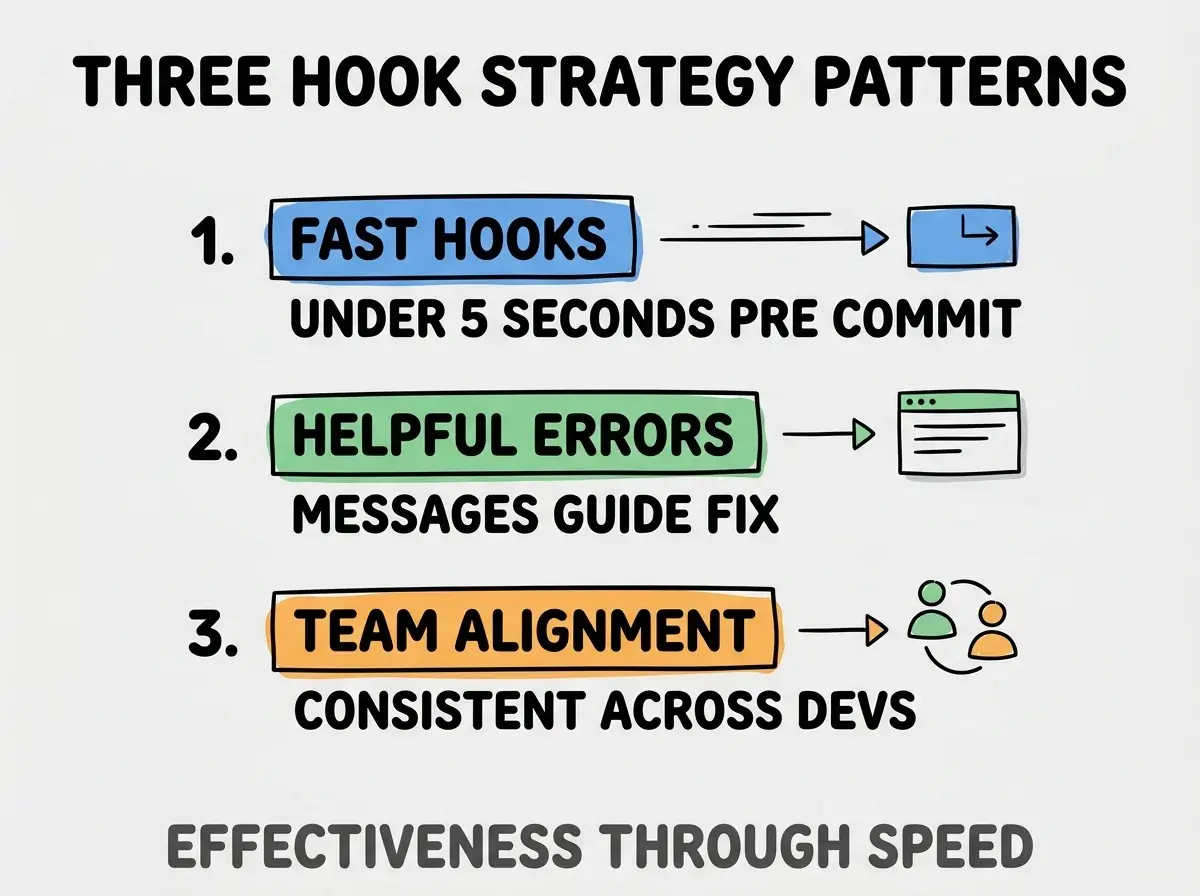 Clean modern flat infographic on light gray background. Top title bold black: THREE HOOK STRATEGY PATTERNS. Single vertical numbered list with three rows. Row 1 blue badge FAST HOOKS with subtitle UNDER 5 SECONDS PRE COMMIT. Row 2 green badge HELPFUL ERRORS with subtitle MESSAGES GUIDE FIX. Row 3 orange badge TEAM ALIGNMENT with subtitle CONSISTENT ACROSS DEVS. Footer text dark gray: EFFECTIVENESS THROUGH SPEED. Each label appears exactly once. No duplicated text.