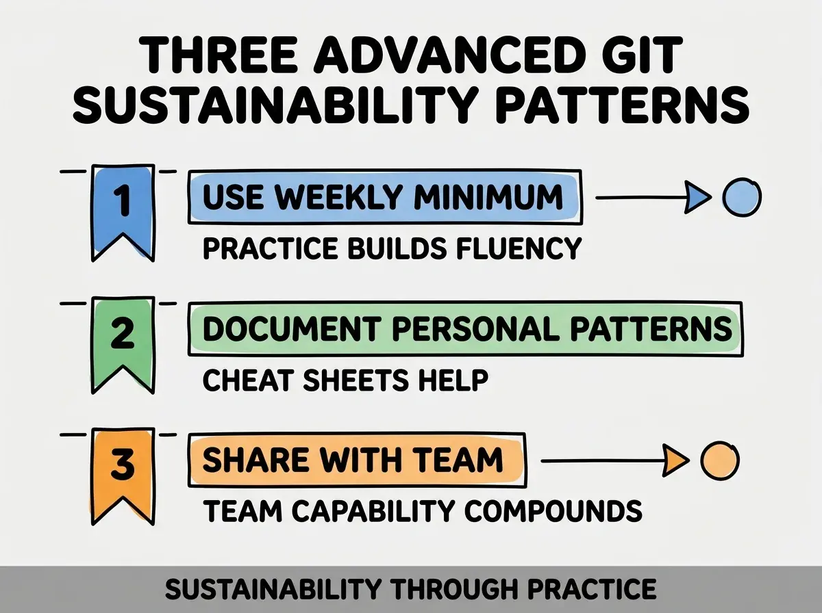 Clean modern flat infographic on light gray background. Top title bold black: THREE ADVANCED GIT SUSTAINABILITY PATTERNS. Single vertical numbered list with three rows. Row 1 blue badge USE WEEKLY MINIMUM with subtitle PRACTICE BUILDS FLUENCY. Row 2 green badge DOCUMENT PERSONAL PATTERNS with subtitle CHEAT SHEETS HELP. Row 3 orange badge SHARE WITH TEAM with subtitle TEAM CAPABILITY COMPOUNDS. Footer text dark gray: SUSTAINABILITY THROUGH PRACTICE. Each label appears exactly once. No duplicated text.