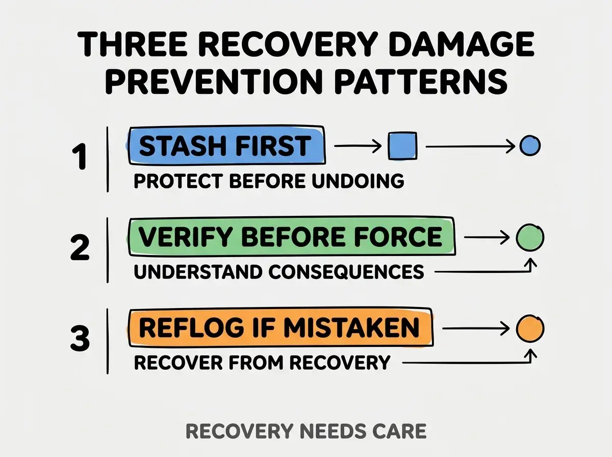 Clean modern flat infographic on light gray background. Top title bold black: THREE RECOVERY DAMAGE PREVENTION PATTERNS. Single vertical numbered list with three rows. Row 1 blue badge STASH FIRST with subtitle PROTECT BEFORE UNDOING. Row 2 green badge VERIFY BEFORE FORCE with subtitle UNDERSTAND CONSEQUENCES. Row 3 orange badge REFLOG IF MISTAKEN with subtitle RECOVER FROM RECOVERY. Footer text dark gray: RECOVERY NEEDS CARE. Each label appears exactly once. No duplicated text.