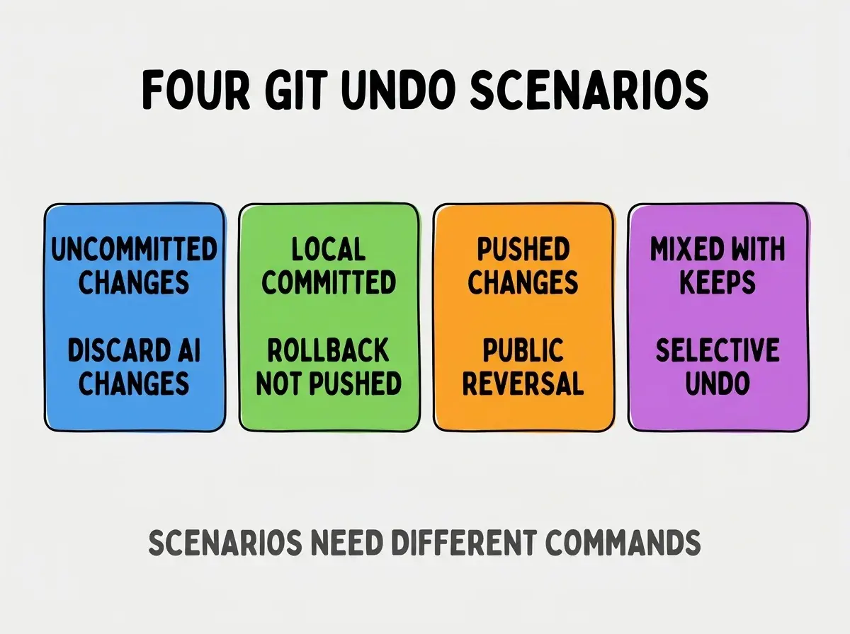 Clean modern flat infographic on light gray background. Top center title bold black sans-serif: FOUR GIT UNDO SCENARIOS. Single horizontal row with four equal sized colored rounded rectangle cards. Card 1 blue background two lines UNCOMMITTED CHANGES and DISCARD AI CHANGES. Card 2 green background two lines LOCAL COMMITTED and ROLLBACK NOT PUSHED. Card 3 orange background two lines PUSHED CHANGES and PUBLIC REVERSAL. Card 4 purple background two lines MIXED WITH KEEPS and SELECTIVE UNDO. Below the row a single footer line in dark gray text: SCENARIOS NEED DIFFERENT COMMANDS. No other text. No duplicated text anywhere.