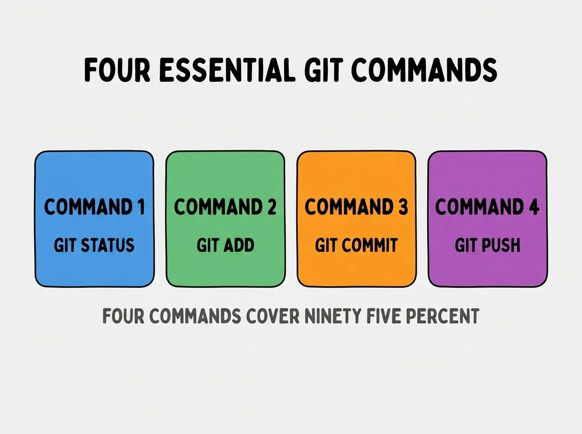 Clean modern flat infographic on light gray background. Top center bold black title text: FOUR ESSENTIAL GIT COMMANDS. Below title, four equal sized colored rounded rectangle cards arranged horizontally. Card 1 blue: large bold text COMMAND 1 then smaller text GIT STATUS. Card 2 green: large bold text COMMAND 2 then smaller text GIT ADD. Card 3 orange: large bold text COMMAND 3 then smaller text GIT COMMIT. Card 4 purple: large bold text COMMAND 4 then smaller text GIT PUSH. Single footer line below cards in dark gray text: FOUR COMMANDS COVER NINETY FIVE PERCENT. Nothing else on canvas. No text outside cards or below cards.