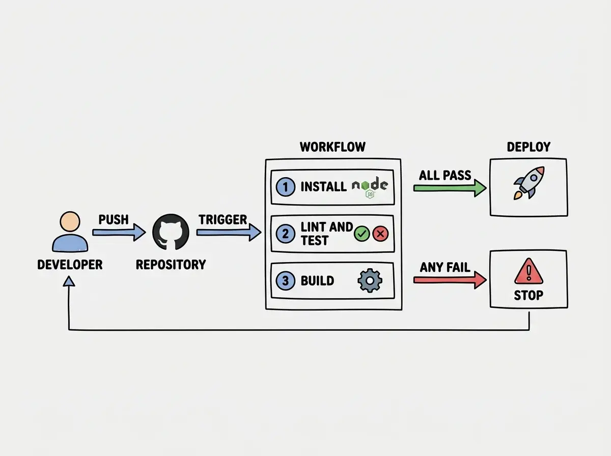 EXPLAINER DIAGRAM: A flowchart showing the GitHub Actions workflow lifecycle. On the left, a developer icon pushes code to GitHub (represented by a push arrow to a repository icon). From the repository, an arrow labeled TRIGGER points to a box labeled WORKFLOW containing three sequential steps: step 1 INSTALL with a Node.js logo, step 2 LINT AND TEST with a checkmark and X icon, and step 3 BUILD with a gear icon. From the workflow box, two paths emerge: a green arrow labeled ALL PASS leading to a DEPLOY box with a rocket icon, and a red arrow labeled ANY FAIL leading to a STOP box with an alert icon that sends a notification back to the developer.