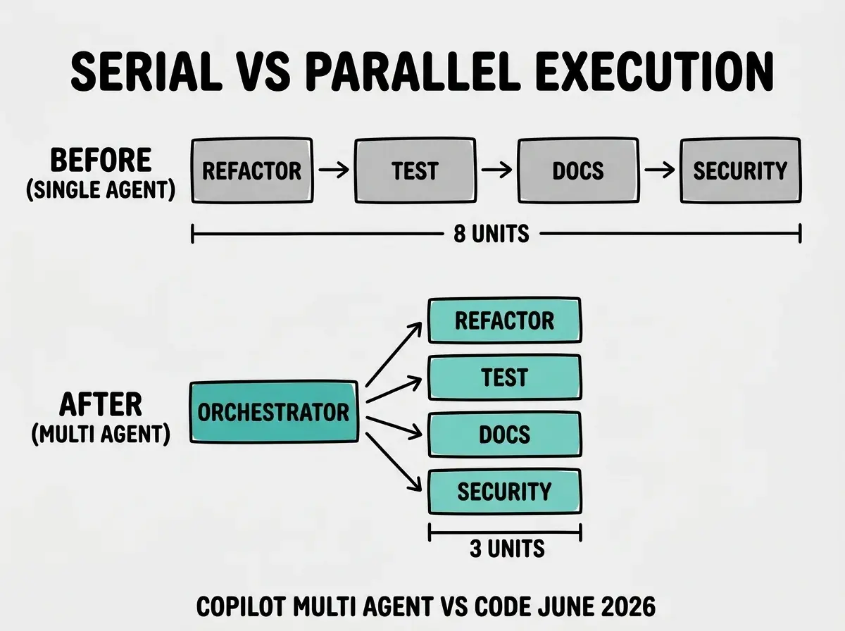 EXPLAINER DIAGRAM: Horizontal comparison on light gray background. Top row labeled BEFORE (SINGLE AGENT) shows four sequential boxes in gray connected by right arrows: REFACTOR, then TEST, then DOCS, then SECURITY. Total timeline bar below shows 8 UNITS. Bottom row labeled AFTER (MULTI AGENT) shows an ORCHESTRATOR box in teal on the left with four arrows fanning out simultaneously to four parallel boxes in teal labeled REFACTOR, TEST, DOCS, SECURITY. Total timeline bar shows 3 UNITS. Bold black header reads SERIAL VS PARALLEL EXECUTION. Footer reads COPILOT MULTI AGENT VS CODE JUNE 2026.