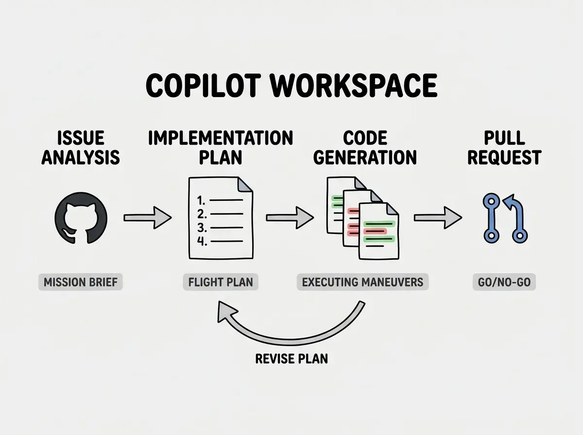 EXPLAINER DIAGRAM: A horizontal four-stage pipeline on white background showing the Copilot Workspace flow. Stage 1 labeled ISSUE ANALYSIS shows a GitHub issue icon with an arrow pointing right to Stage 2 labeled IMPLEMENTATION PLAN showing a numbered checklist document. An arrow points right to Stage 3 labeled CODE GENERATION showing multiple file icons with diff-style green additions and red deletions. An arrow points right to Stage 4 labeled PULL REQUEST showing a PR merge icon. Below each stage is a small label in gray: MISSION BRIEF under Stage 1, FLIGHT PLAN under Stage 2, EXECUTING MANEUVERS under Stage 3, GO/NO-GO under Stage 4. A curved arrow loops back from Stage 3 to Stage 2 labeled REVISE PLAN indicating the iterative nature.