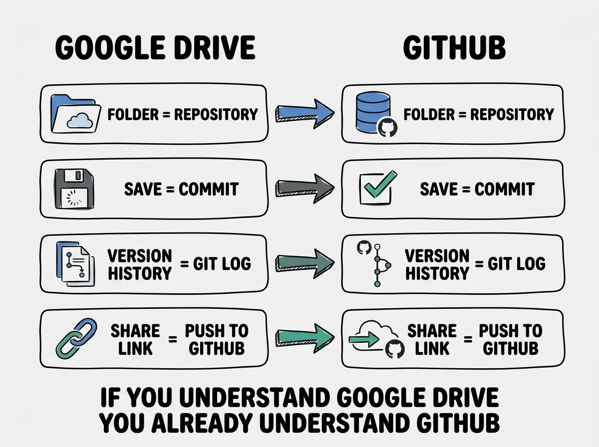 EXPLAINER DIAGRAM: A vertical flow diagram with five steps connected by downward arrows. Step 1 labeled GIT INIT shows a folder icon with a small checkmark, captioned START TRACKING. Step 2 labeled GIT ADD shows multiple file icons being gathered into a group, captioned SELECT FILES. Step 3 labeled GIT COMMIT shows a camera icon taking a snapshot of the grouped files, captioned SAVE SNAPSHOT. Step 4 labeled GIT REMOTE ADD shows a local folder icon connected to a GitHub logo by a dotted line, captioned CONNECT TO GITHUB. Step 5 labeled GIT PUSH shows an upward arrow from the local folder to a cloud with the GitHub logo, captioned UPLOAD TO GITHUB. A sidebar note reads AFTER SETUP YOU ONLY REPEAT STEPS 2 THROUGH 5.