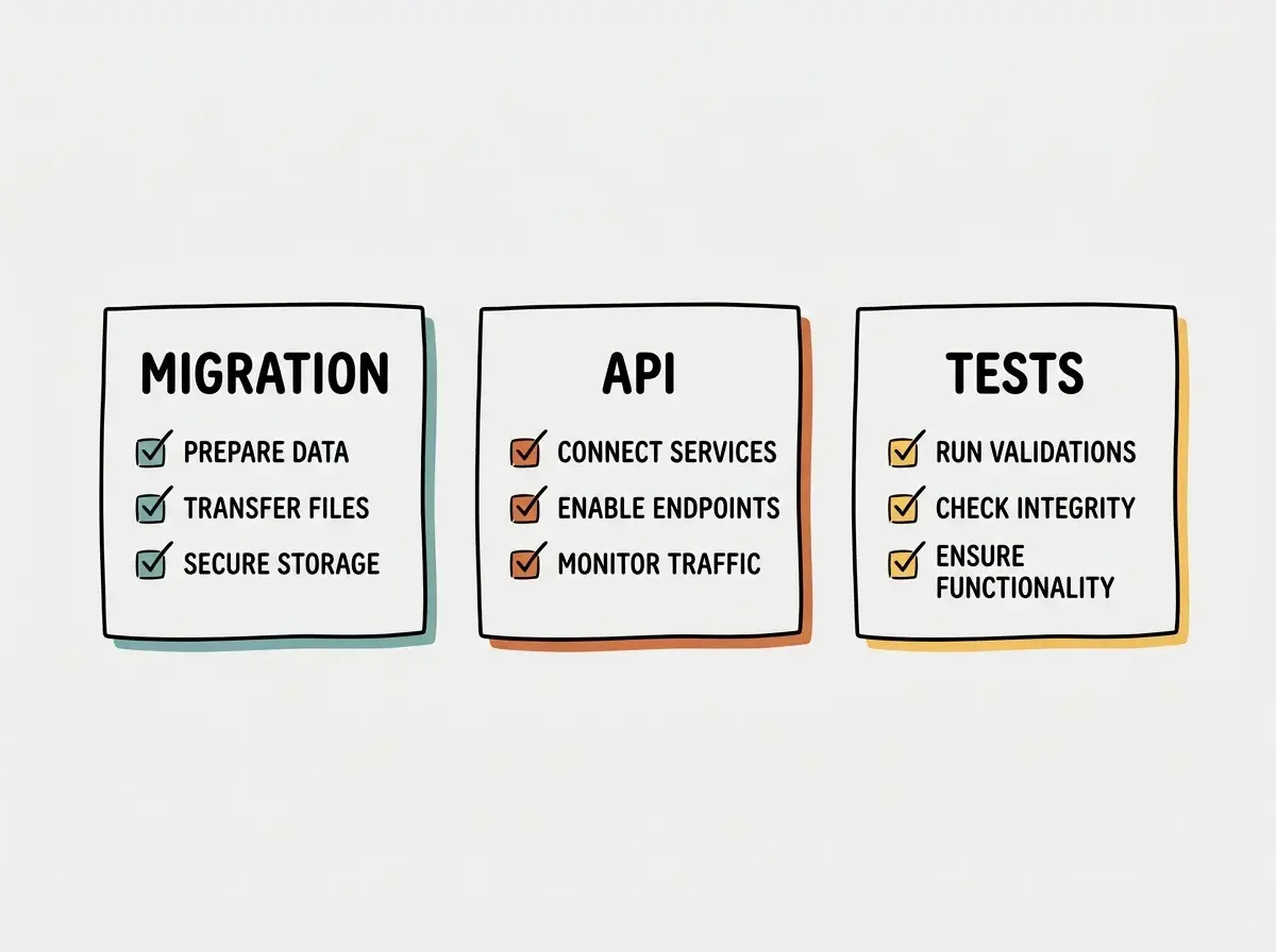 Three numbered-free checklist cards labeled MIGRATION, API, TESTS. Each label appears exactly once. No arrows or feedback loops. No additional cards.