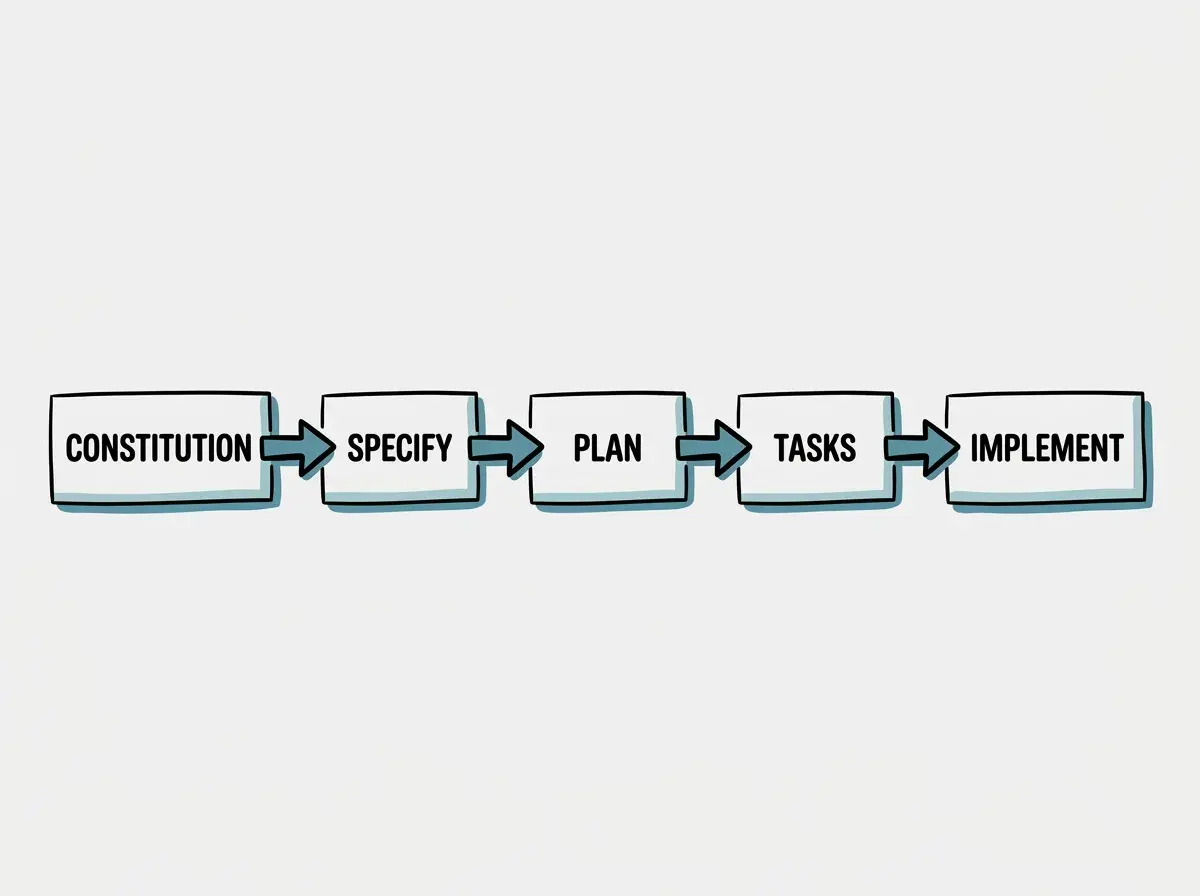 Simple conceptual diagram with separate boxes labeled CONSTITUTION, SPECIFY, PLAN, TASKS, IMPLEMENT. Use exactly these labels and no other text. No statistics, numbers, code, or rankings.