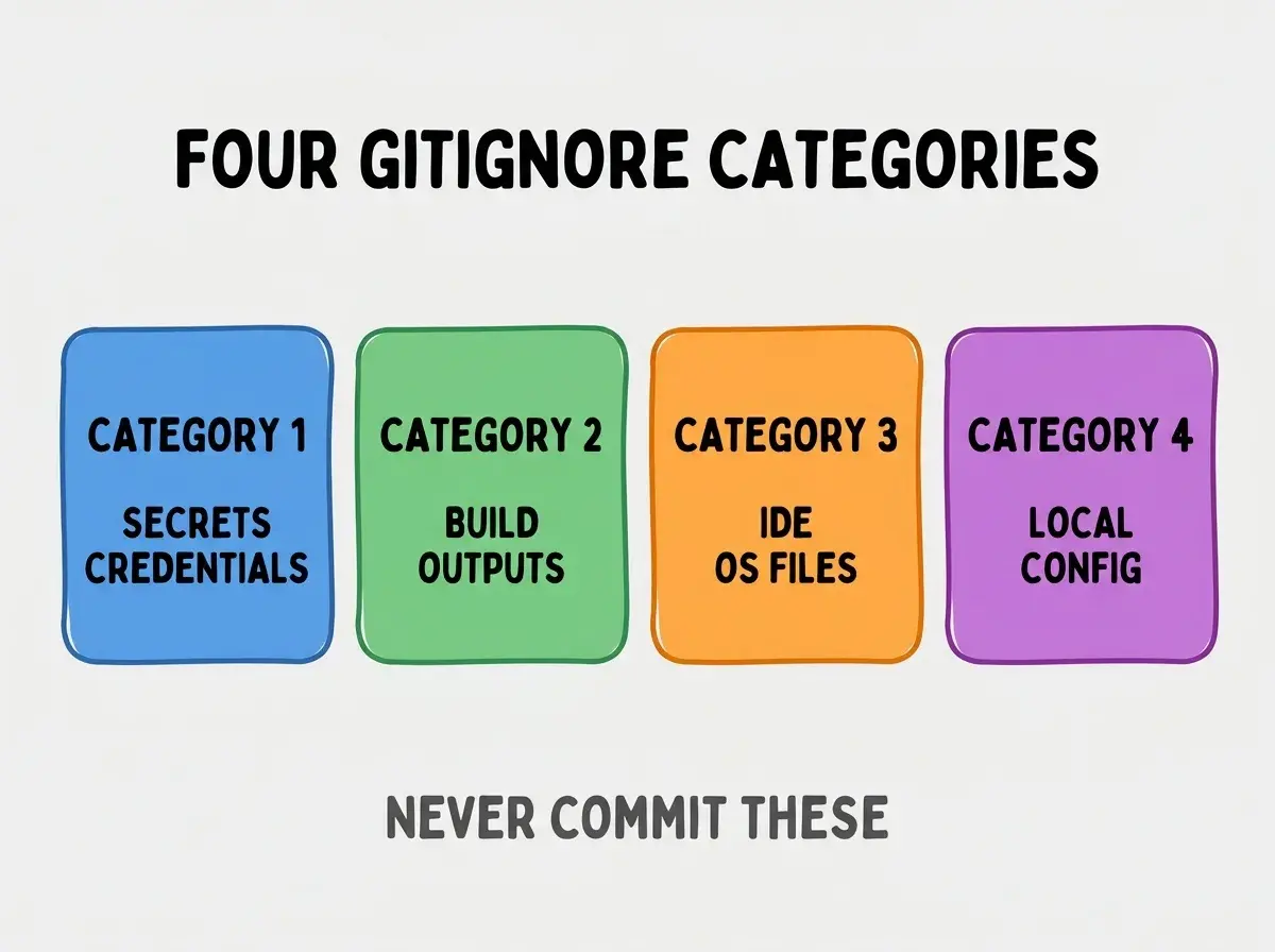 Clean modern flat infographic on light gray background. Top center bold black title text: FOUR GITIGNORE CATEGORIES. Below title, four equal sized colored rounded rectangle cards arranged horizontally. Card 1 blue: large bold text CATEGORY 1 then smaller text SECRETS CREDENTIALS. Card 2 green: large bold text CATEGORY 2 then smaller text BUILD OUTPUTS. Card 3 orange: large bold text CATEGORY 3 then smaller text IDE OS FILES. Card 4 purple: large bold text CATEGORY 4 then smaller text LOCAL CONFIG. Single footer line below cards in dark gray text: NEVER COMMIT THESE. Nothing else on canvas. No text outside cards or below cards.